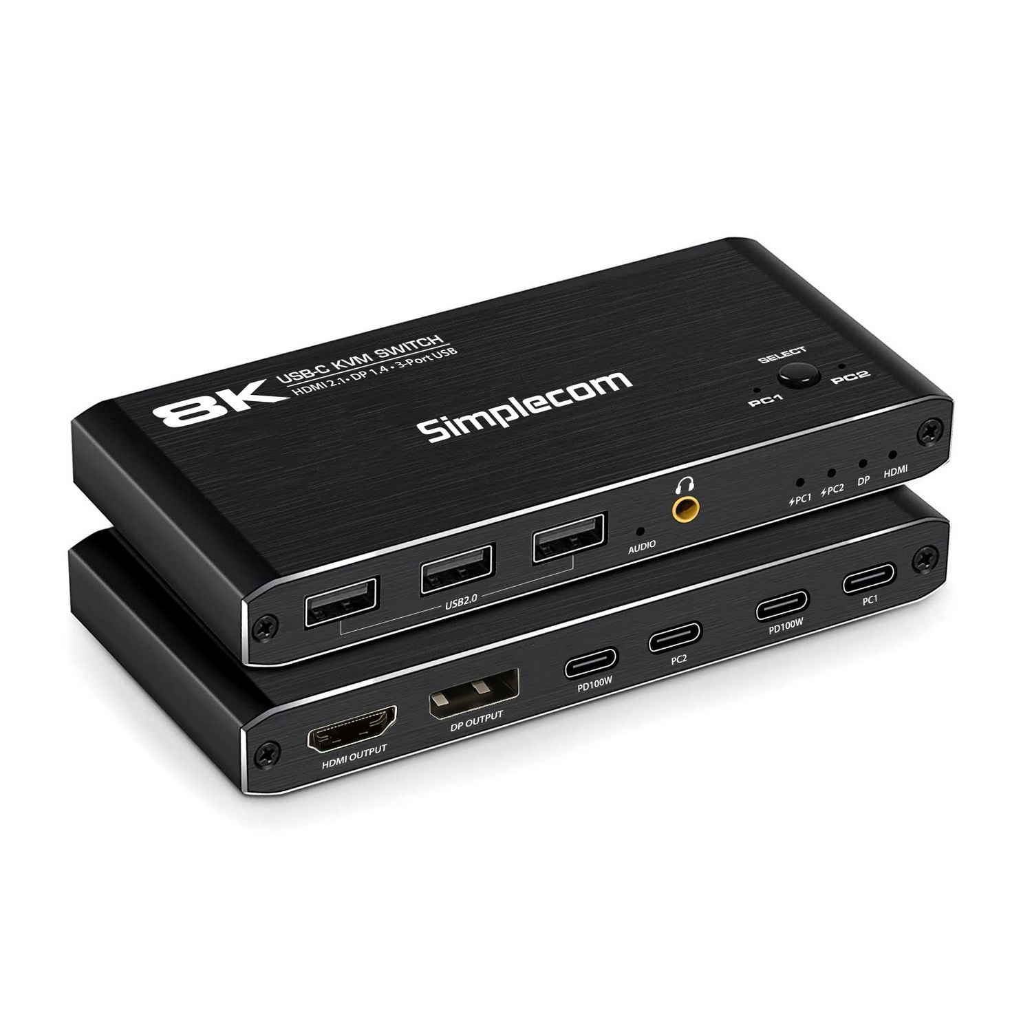 V28-KM470-89038-00 Simplecom KM470 2-Port USB-C KVM Switch 8K Docking Station HDMI 2.1 DP for Laptop Tablet - Image 1