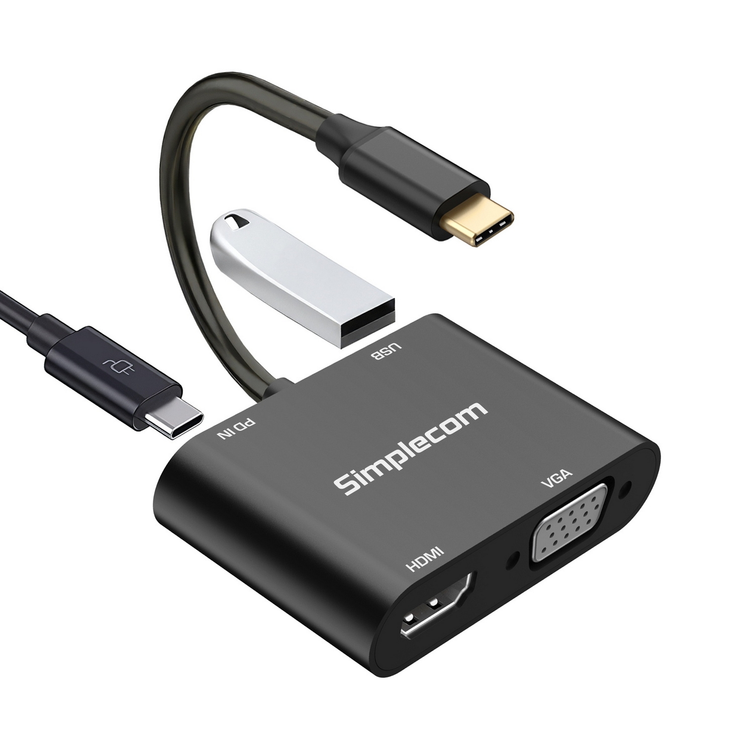 V28-SIMDA440-209654-00 Simplecom DA440 4-in-1 USB-C Multiport Adapter with Power Delivery USB 3.0 VGA HDMI - Image 1
