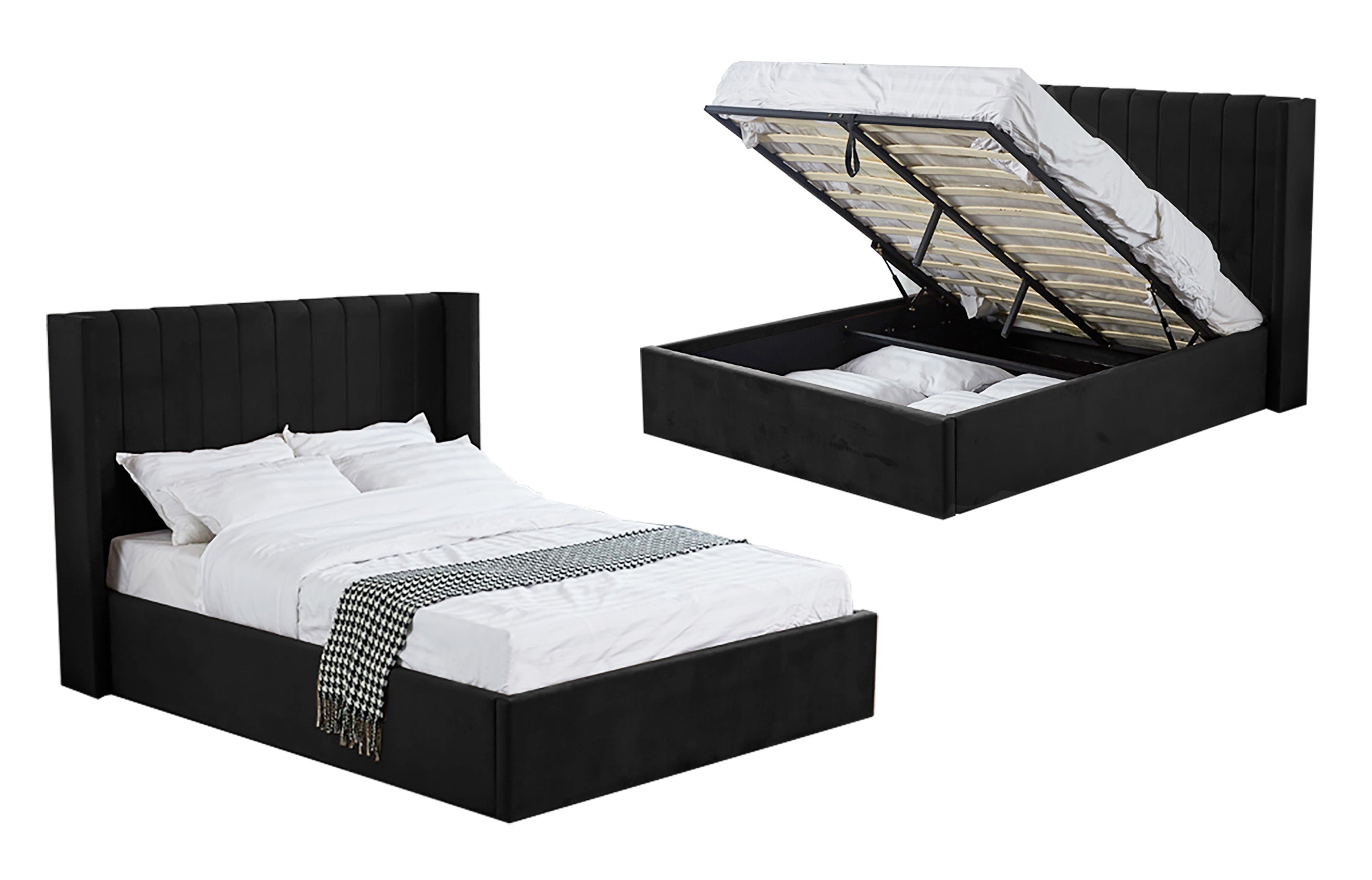 V292-BED-HILTON-QUEEN-BLACK-202509081259-00 Hilton Black Velvet Gas Lift Bed - Queen - Image 1