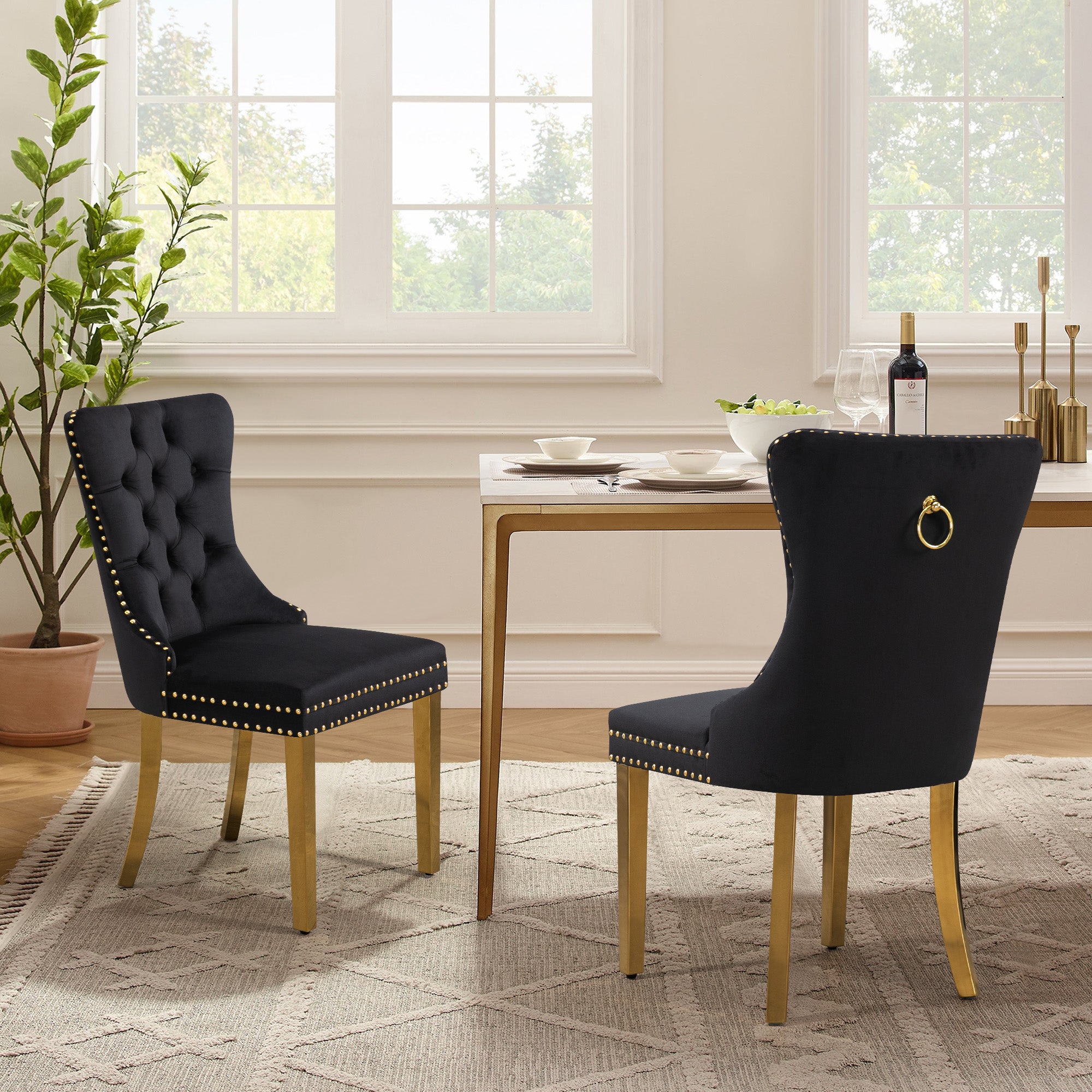 V292-DC-ALSEA-BLACK-GOLD-141259-00 Set of 2 -Alsea Black Velvet & Gold Polished Steel Dining Chairs Upholstered Tufted Stud Trim and Ring - Image 1
