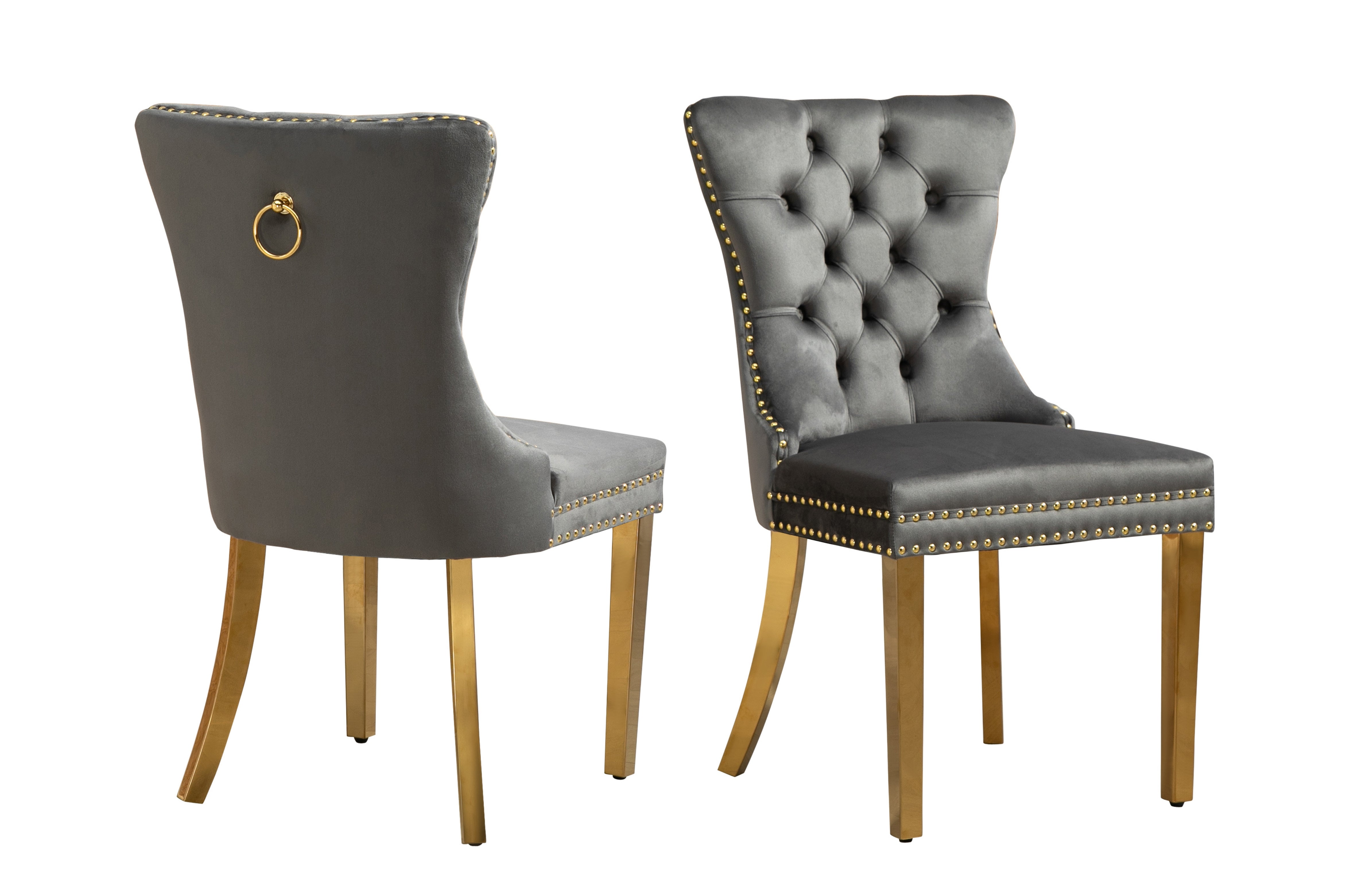 V292-DC-ALSEA-DGREY-GOLD-202227-00 Set of 2 -Alsea Dark Grey Velvet & Gold Polished Steel Dining Chairs Upholstered Tufted Stud Trim and Ring - Image 1