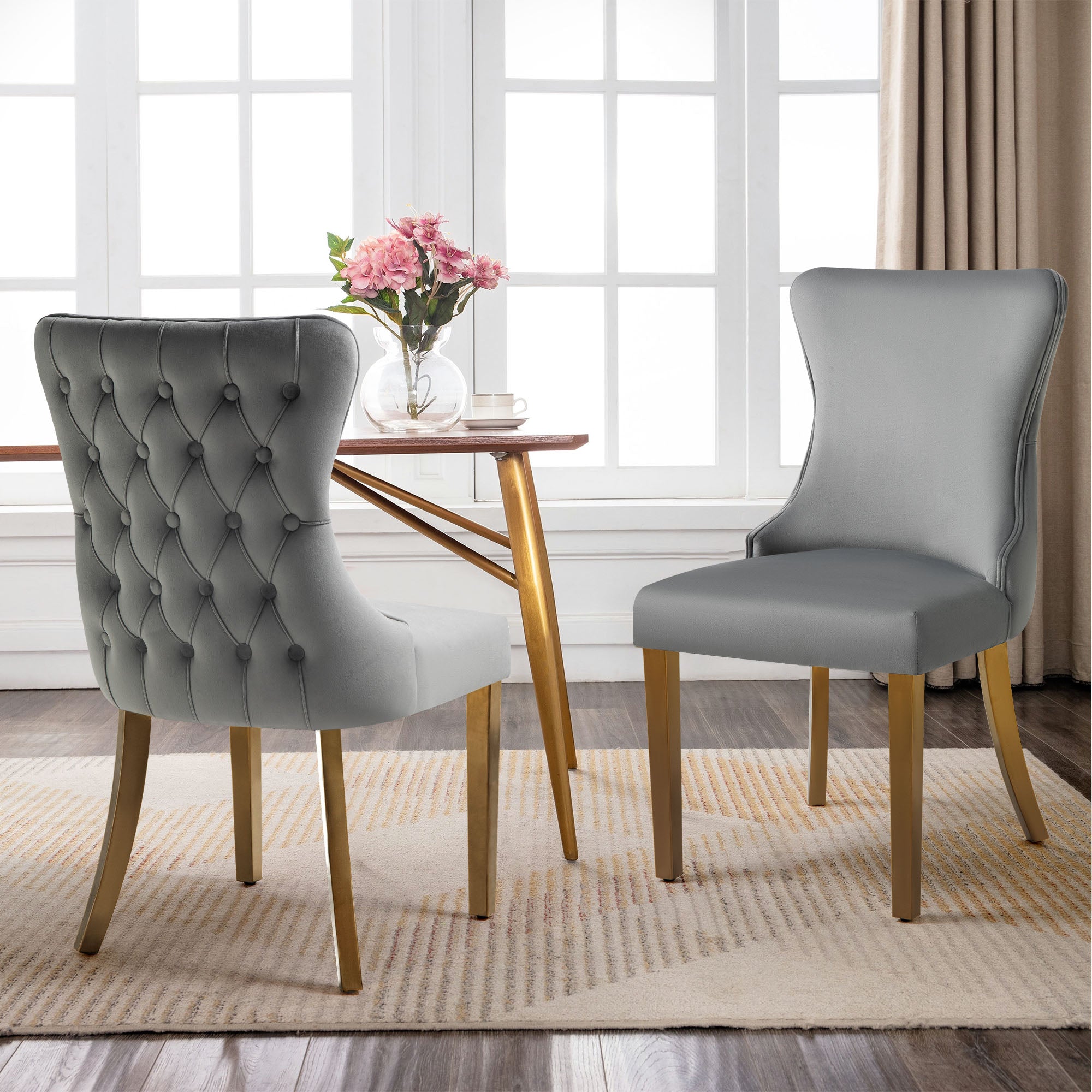 V292-DC-PARIS-DGREY-GOLD-144699-00 Paris Dark Grey Velvet & Gold Polished Steel Upholstered Dining Chairs Tufted Back - Set of 2 - Image 1