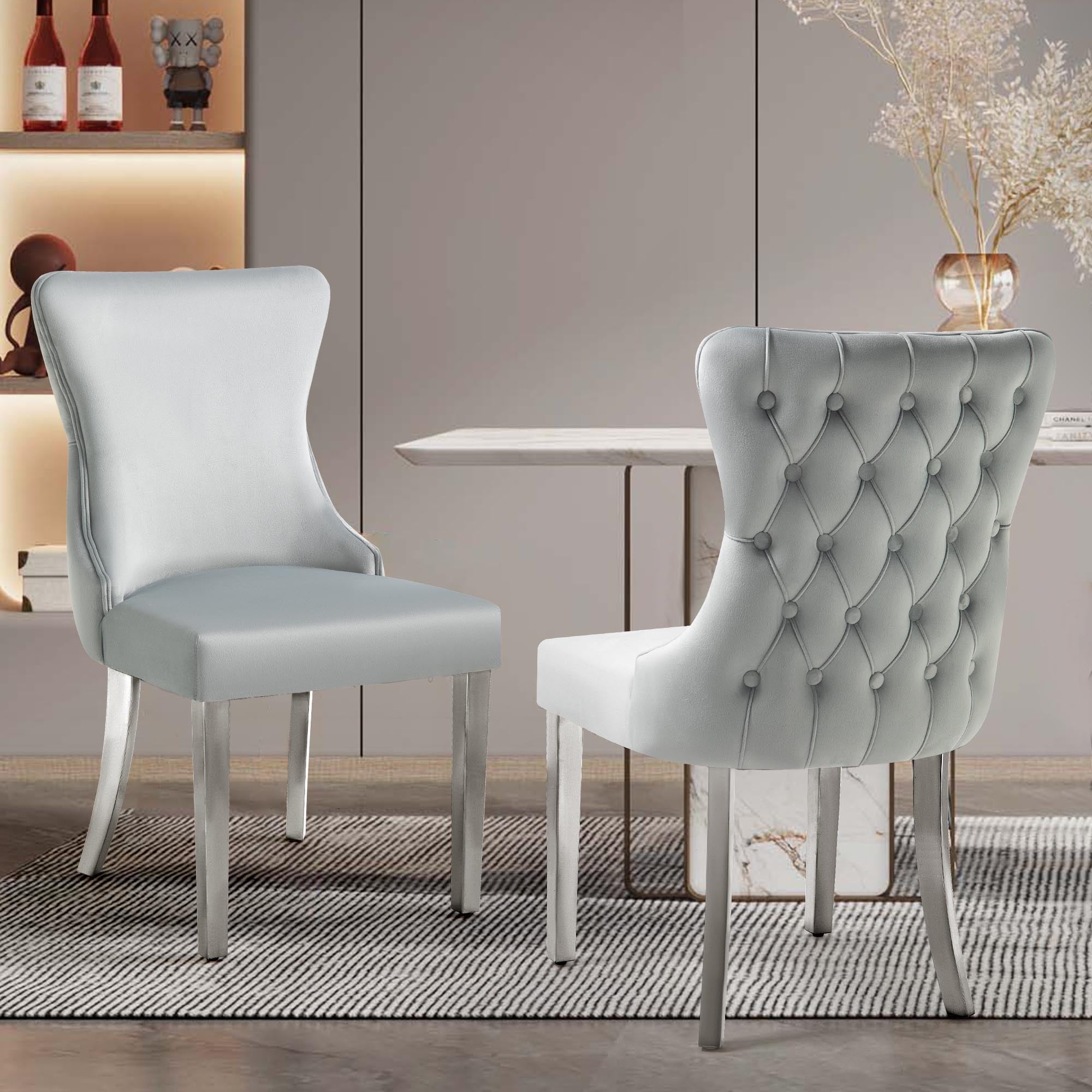V292-DC-PARIS-LGREY-SILVER-144696-00 Set of 2 - Paris Light Grey Velvet & Silver Polished Steel Upholstered Dining Chairs Tufted Back - Image 1