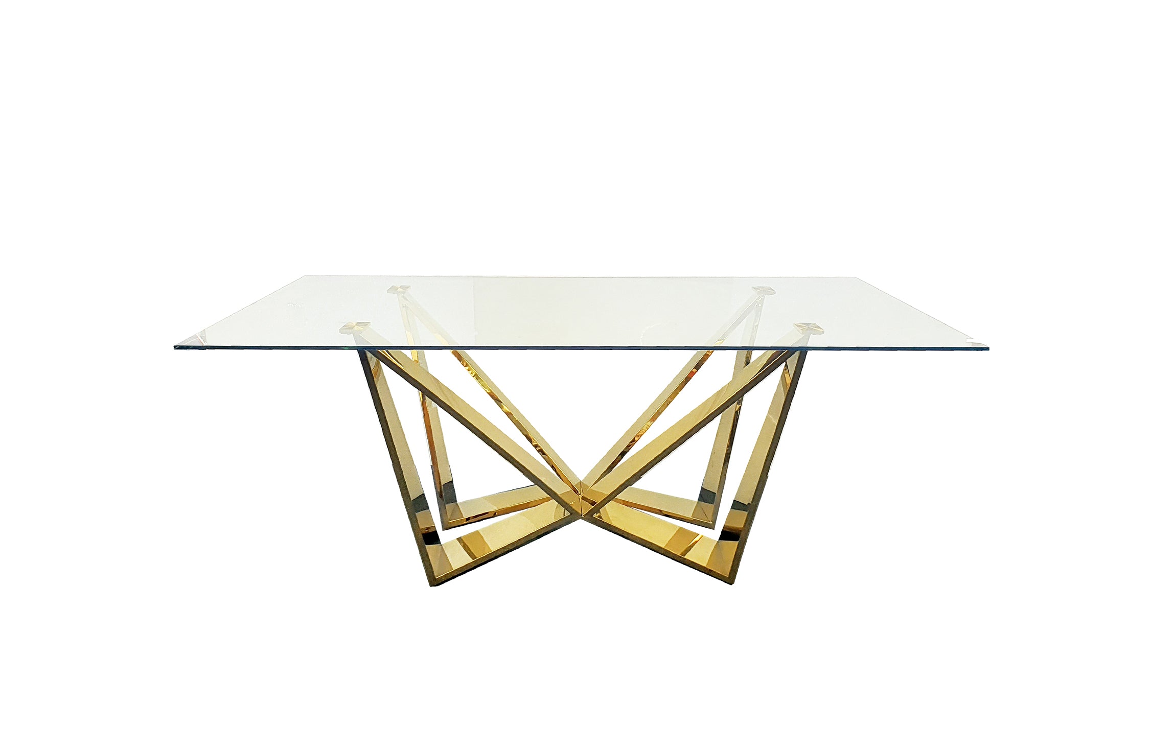 V292-DT-LEN-GOLDBASE-CLEARGLASS-156276-00 Roula Gold Dining Table - Clear Glass - 240cm x 110cm - Image 1