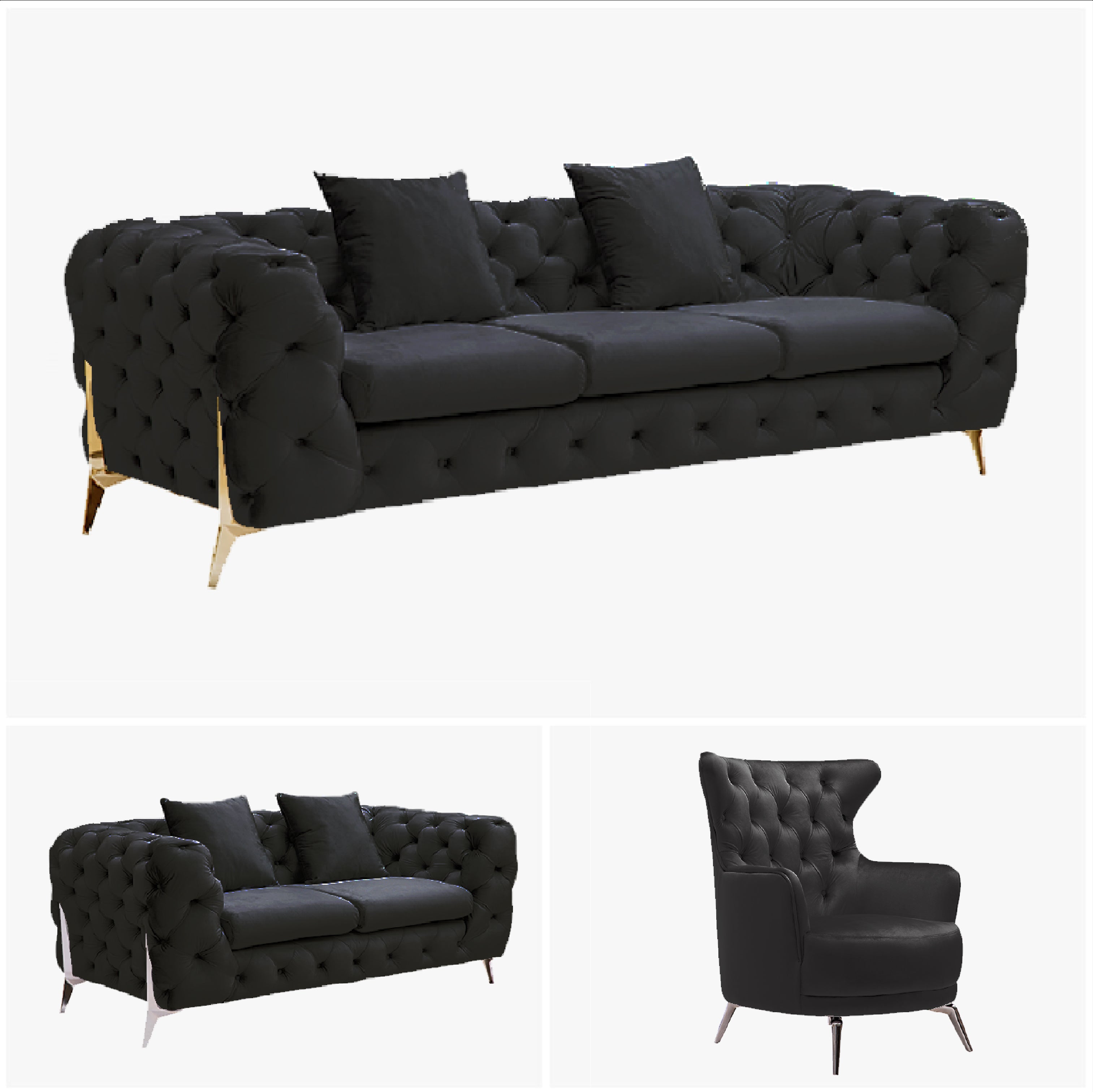 V292-L-GR-B-3-2-1-S-95349-02 Grand Tufted Lounge - Black Velvet - Silver Legs - Image 1