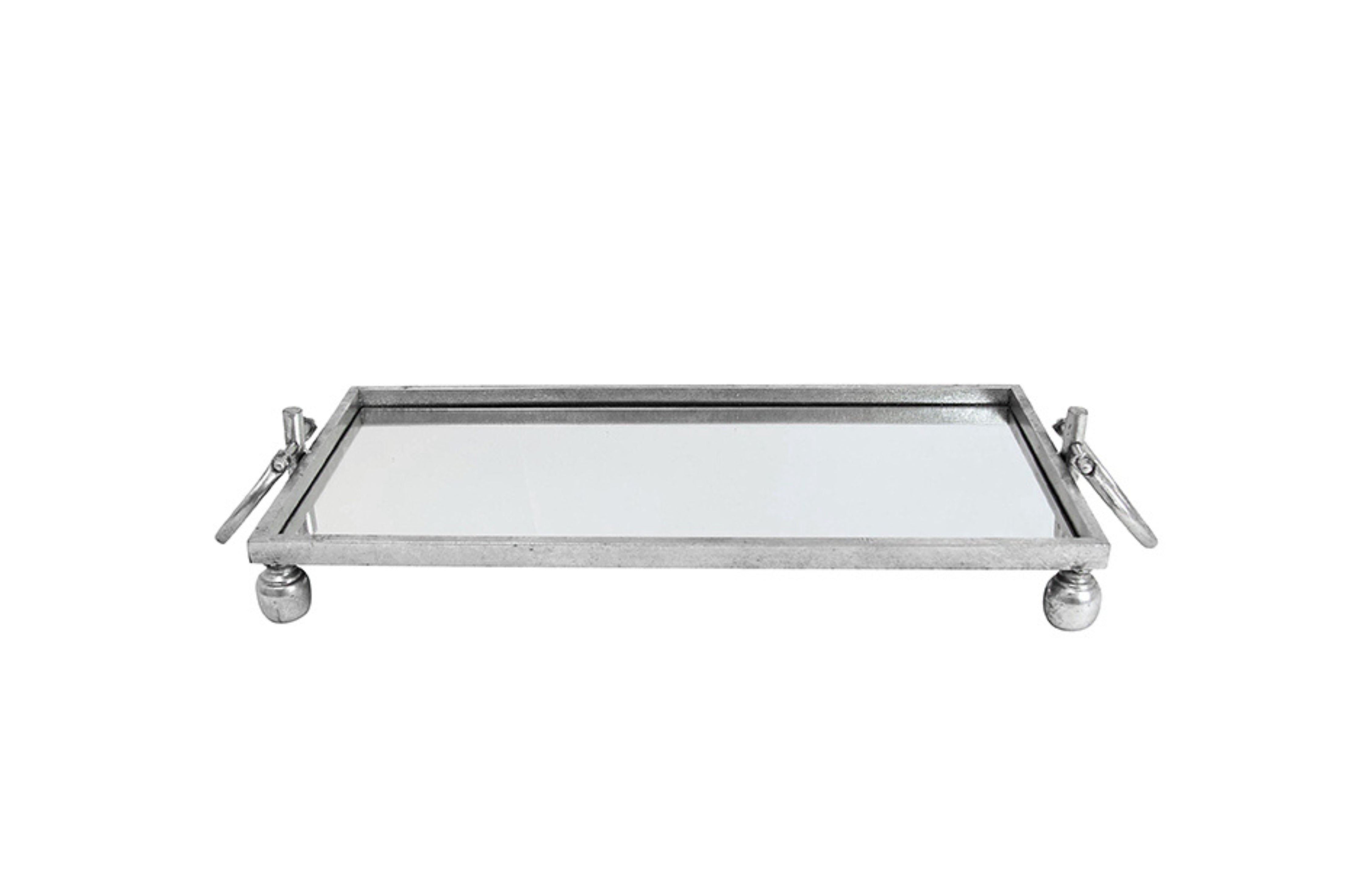 V292-T-ELIZA-SMALL-SILVER-202509031702-00 Eliza Small Rectangle Iron Mirror Tray with Handles - Silver - Image 1