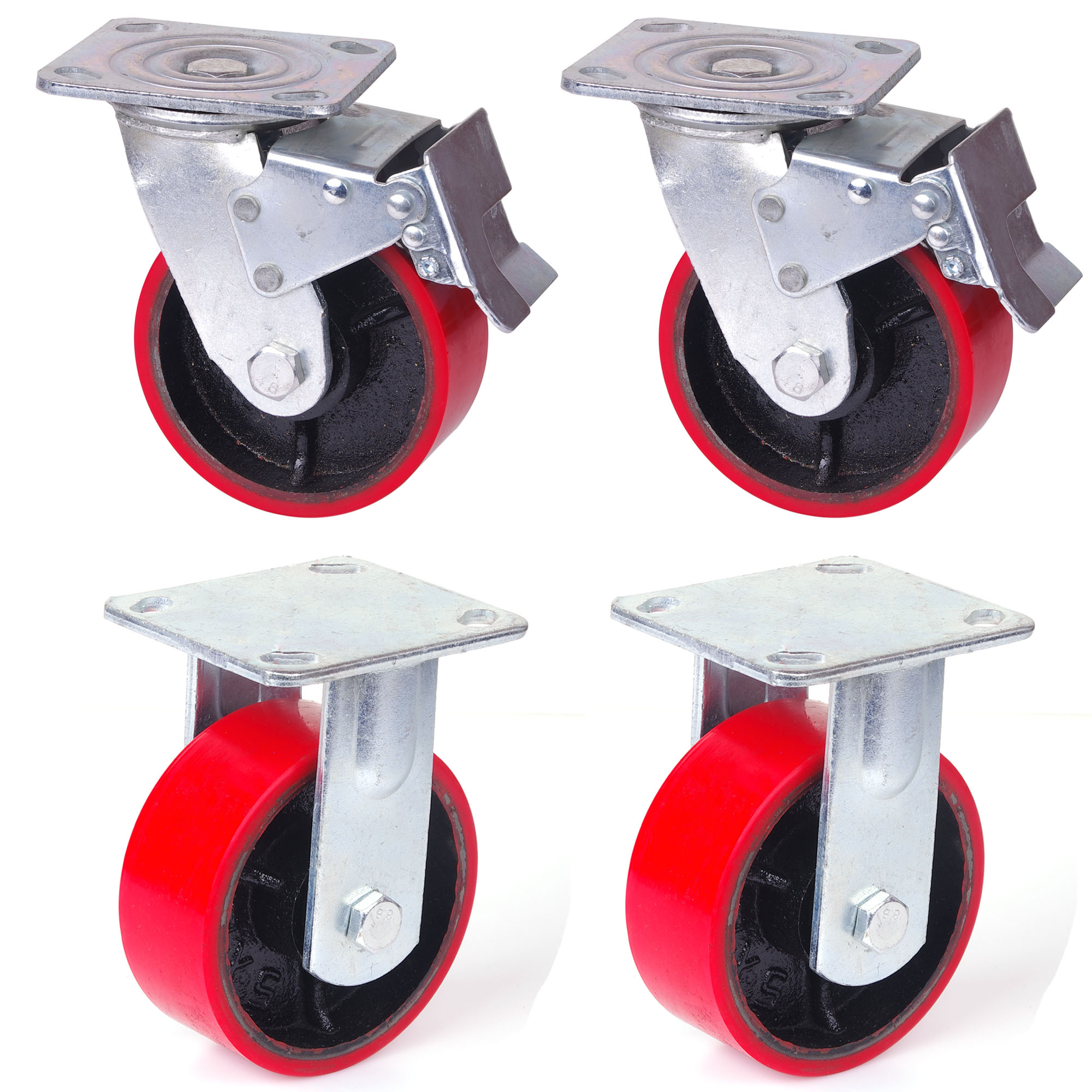 V324-4X-6IN-RD-WHEEL-139451-00 4x 6 inch Industrial 2400KG Swivel Brake Locking Caster Castor Wheels Casters 2x swivel 2x fixed Furniture Workbench - Image 1
