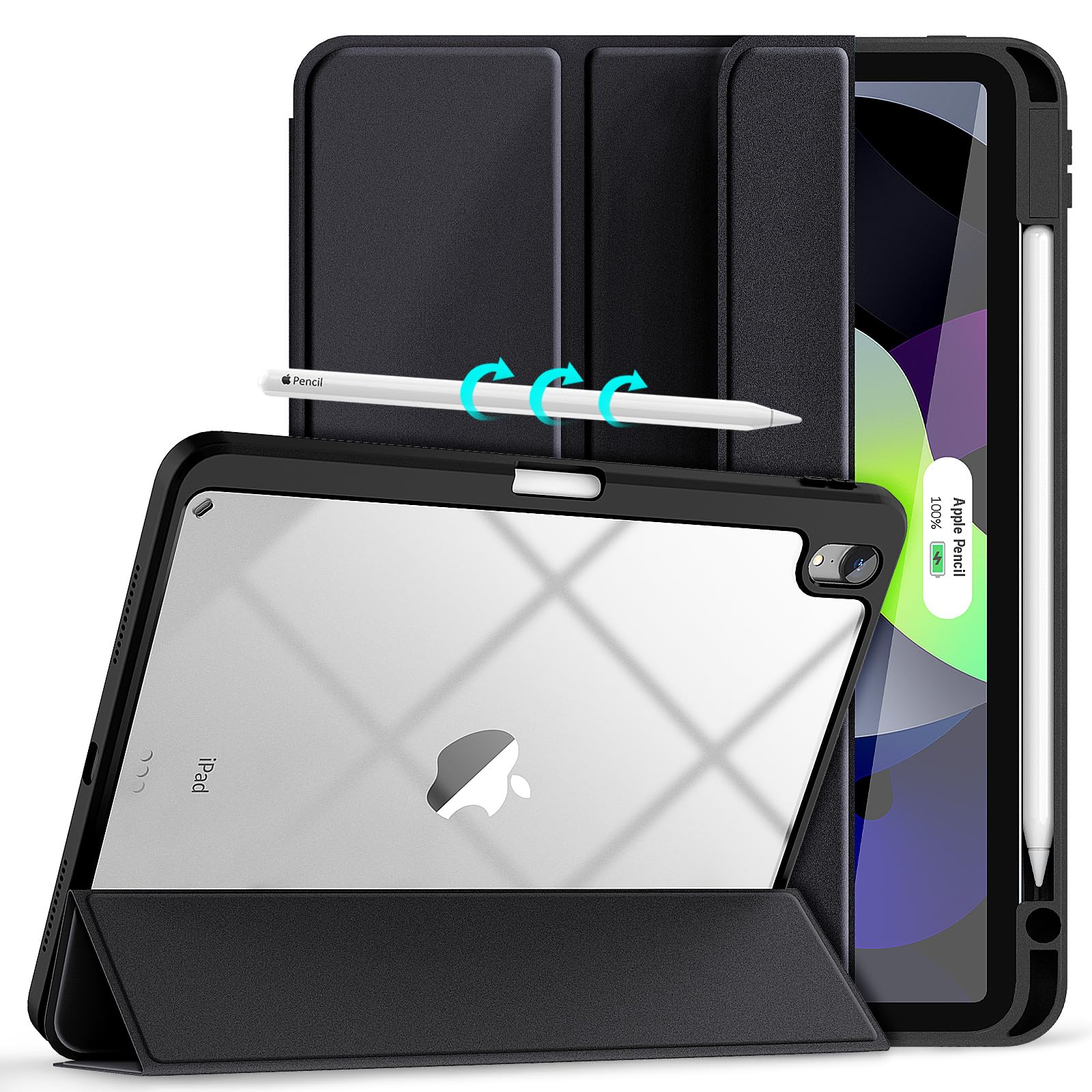 V324-IP109-TPUCLE-BK-130967-00 iPad 10th Case 10.9 Inch 2022 with Pencil Holder, Smart iPad Clear Case with Soft TPU Auto Wake Sleep Black - Image 1