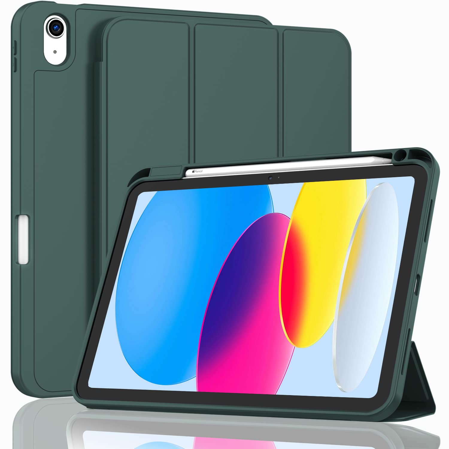 V324-IP109-TPUCLE-DGREEN-130969-14 iPad 10th Case 10.9 Inch 2022 with Pencil Holder, Smart iPad Clear Case with Soft TPU Auto Wake Sleep Dark Green - Image 1
