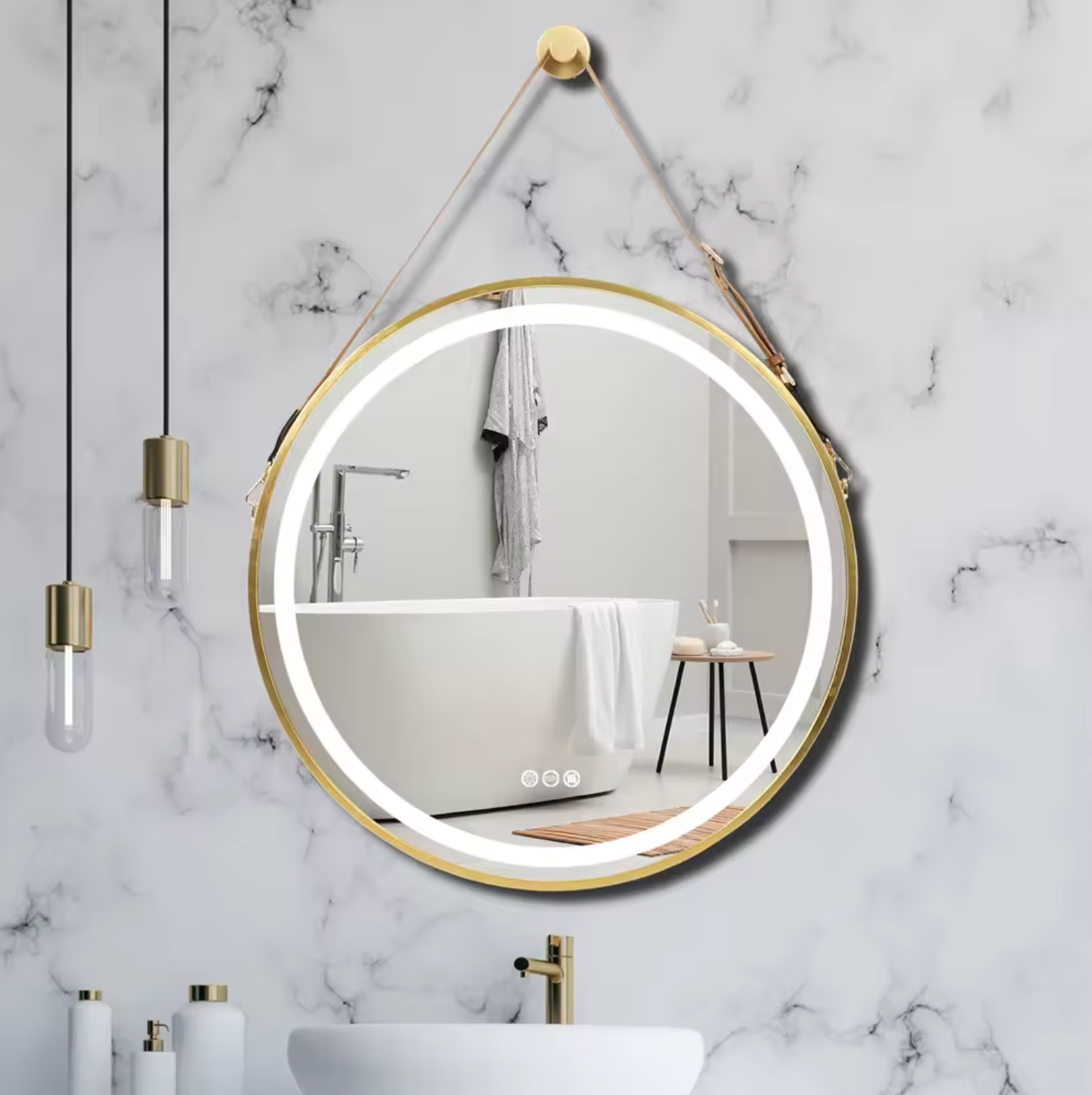 V355-IA-RWM-GD-60-177169-00 Interior Ave - LED Round Hanging Salon / Bathroom Wall Mirror - Gold - 60cm - Image 1