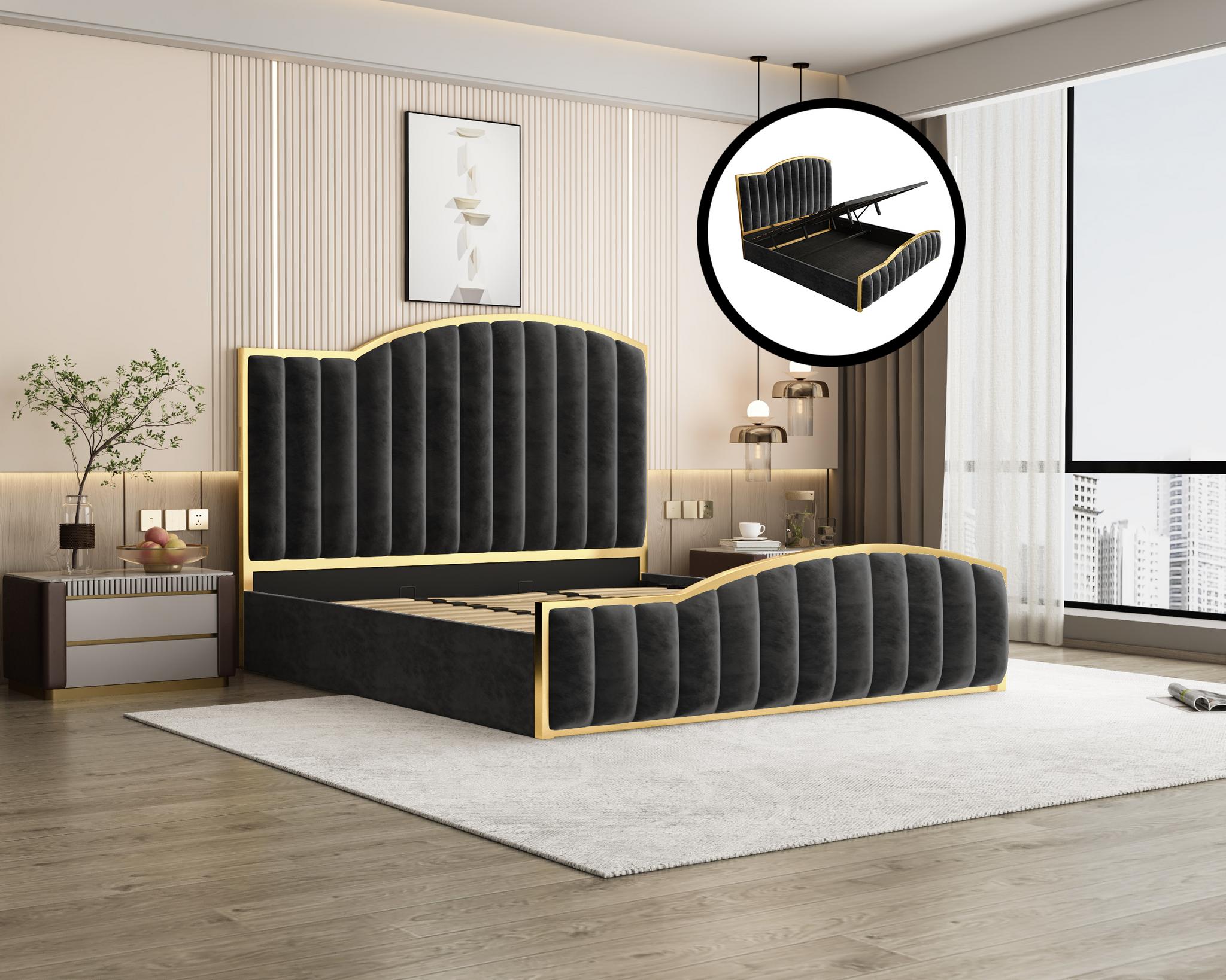 V357-BFRAME-STARSHINE-K-BK-ABC-61317-00 King Size Elegant Luxury Bedframe with Gas Lift Storage Charcoal Velvet Fabric Golden Trim - Image 1