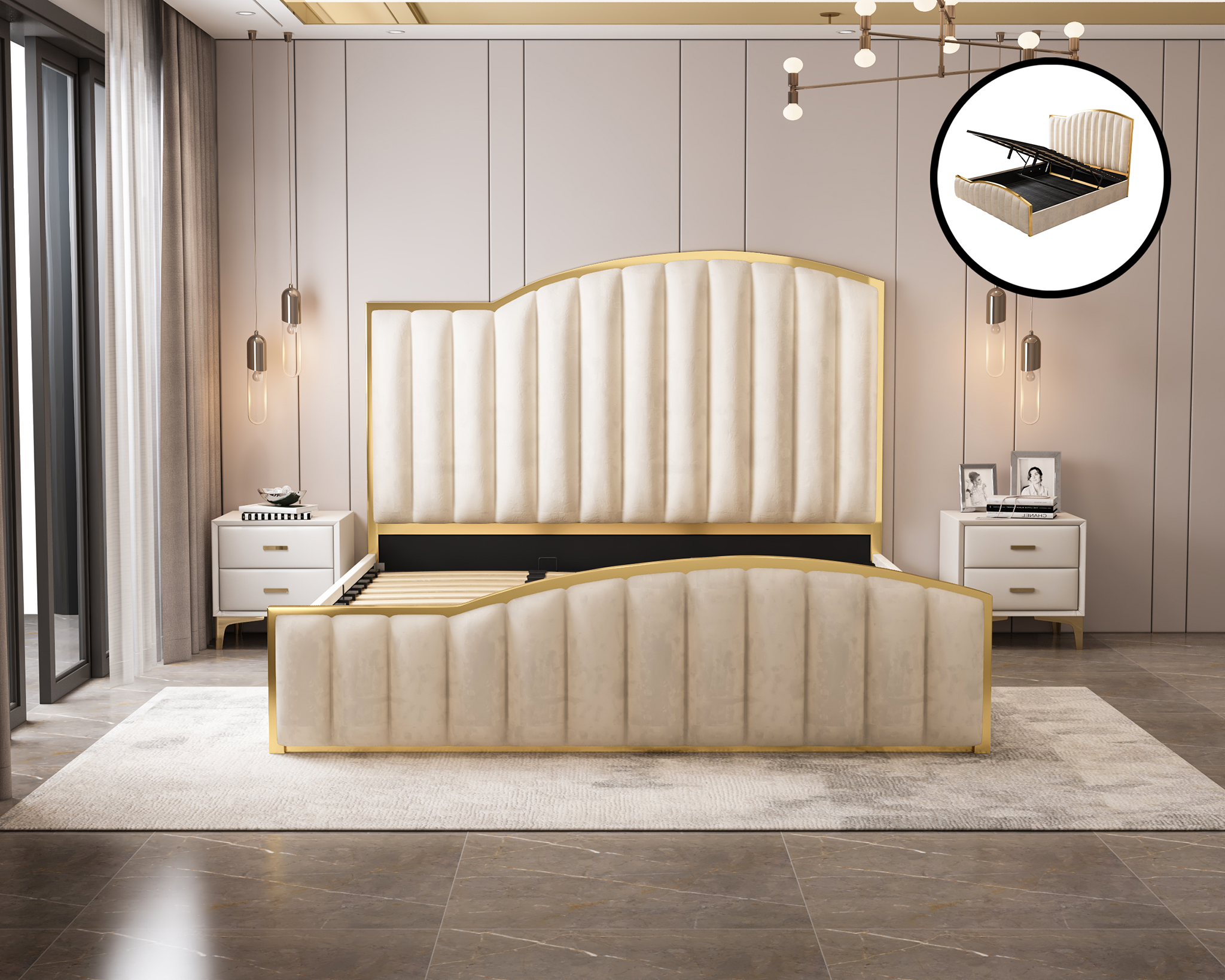 V357-STARSHINE-KING-BEIGE-195522-00 Elegant Luxury King Size Bedframe in Beige with Gas Lift Storage Velvet Fabric Golden Trim - Image 1