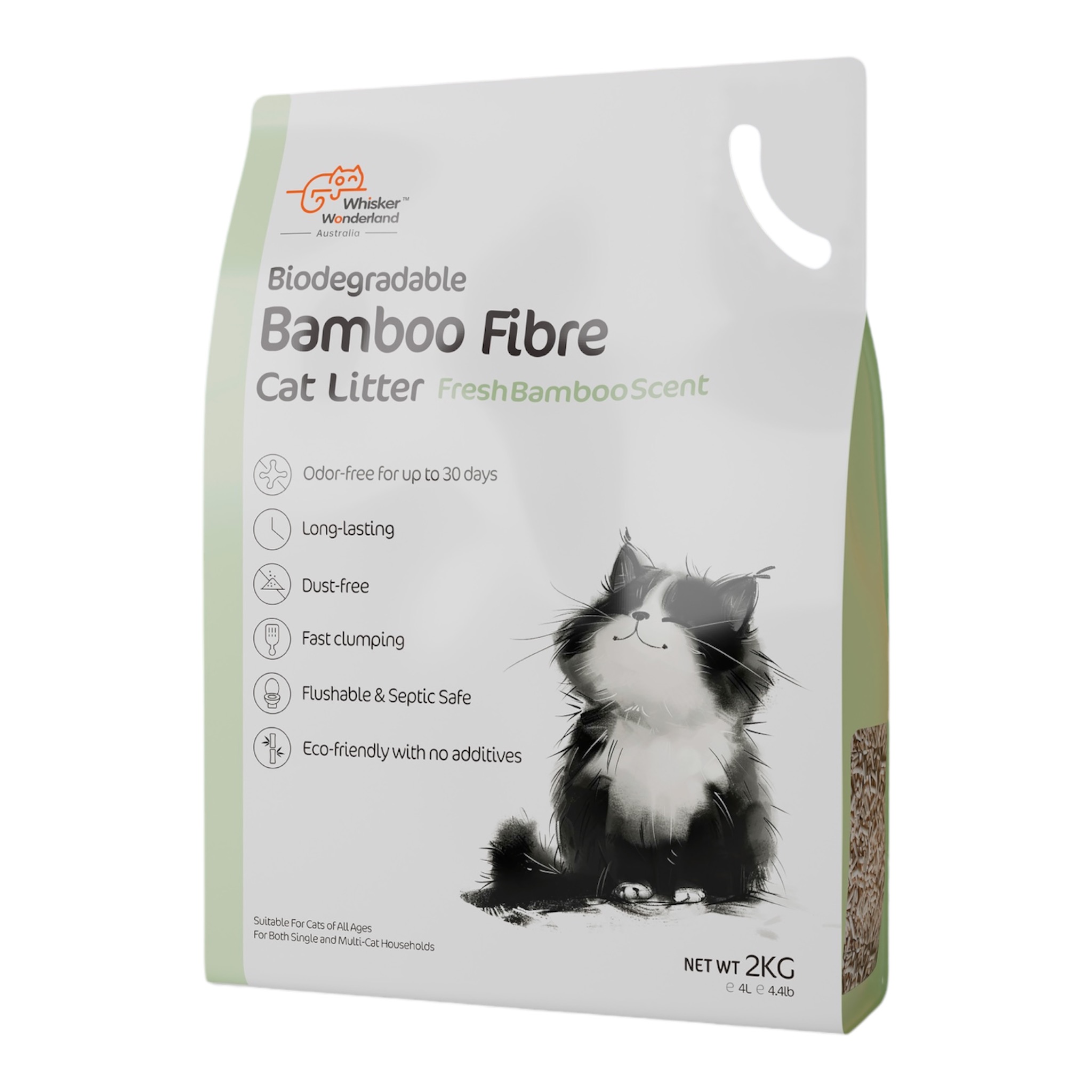 V360-BFCL-2KG-202506191416-00 Whisker Wonderland Premium Biodegradable Bamboo Fibre Cat Litter 2KG - Fresh Bamboo Scent | Superior Odour Control, Fast Clumping & Flushable | Pet & Planet Friendly - Image 1