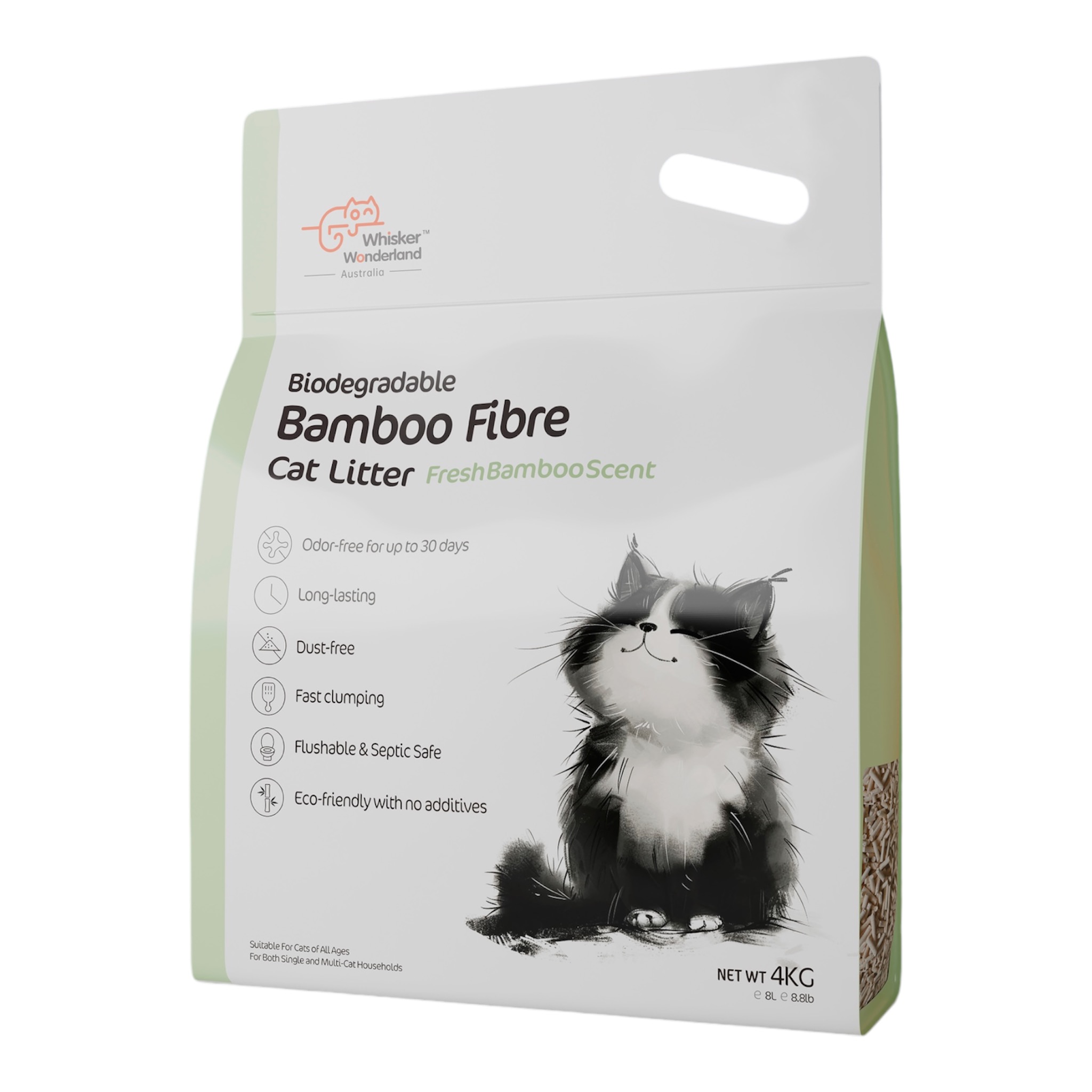 V360-BFCL-4KG-202506191420-00 Whisker Wonderland Premium Biodegradable Bamboo Fibre Cat Litter 4KG - Fresh Bamboo Scent | Superior Odour Control, Fast Clumping & Flushable | Pet & Planet Friendly - Image 1