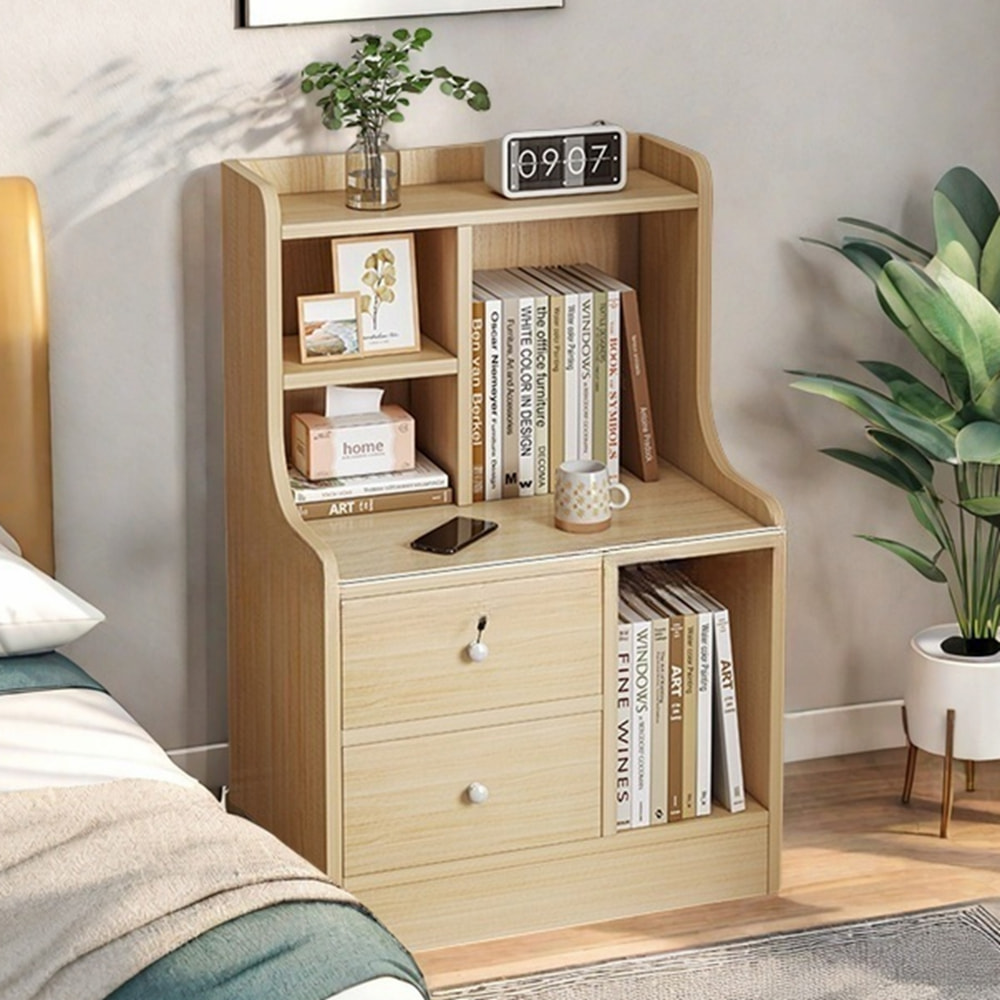 V360-ZC-FNBT0040-BG-2D-1S-47-202506191342-00 Light Wood Nightstand Secure Drawer Open Shelf Storage Tray Nordic Style 70cm - Image 1