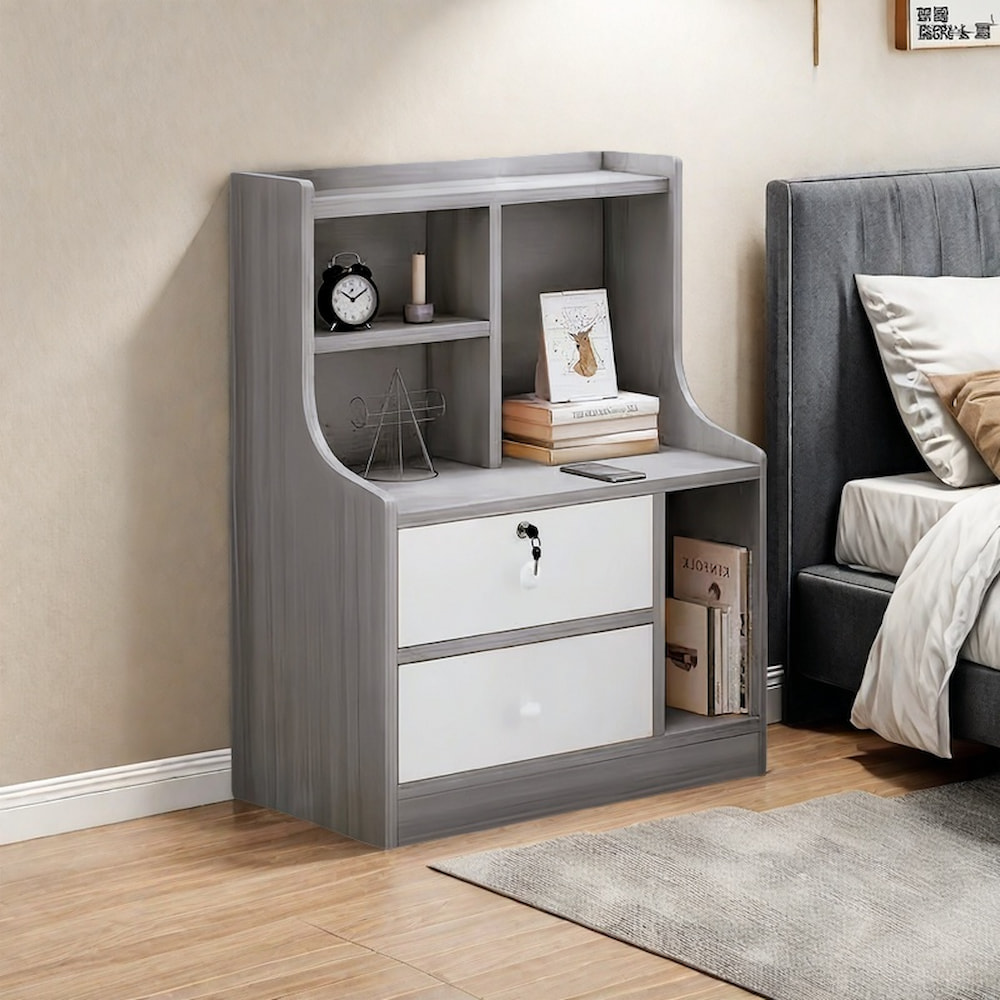 V360-ZC-FNBT0040-GYWT-2D-1S-47-202506191343-00 Light Gray Nightstand White Drawer Fronts Secure Storage Open Shelf 70cm - Image 1