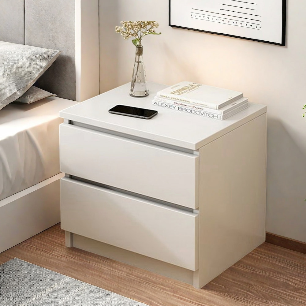 V360-ZC-FNBT0052-WT-2D-47-202506191353-00 Modern Nightstand Warm White Double Drawer Finger Pull Geometric Clean Lines - Image 1