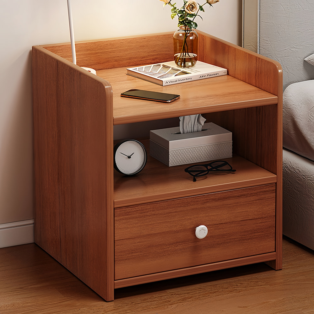 Vintage Bedside Table Walnut Raised Tray Open Shelf Drawer White Knob 48cm