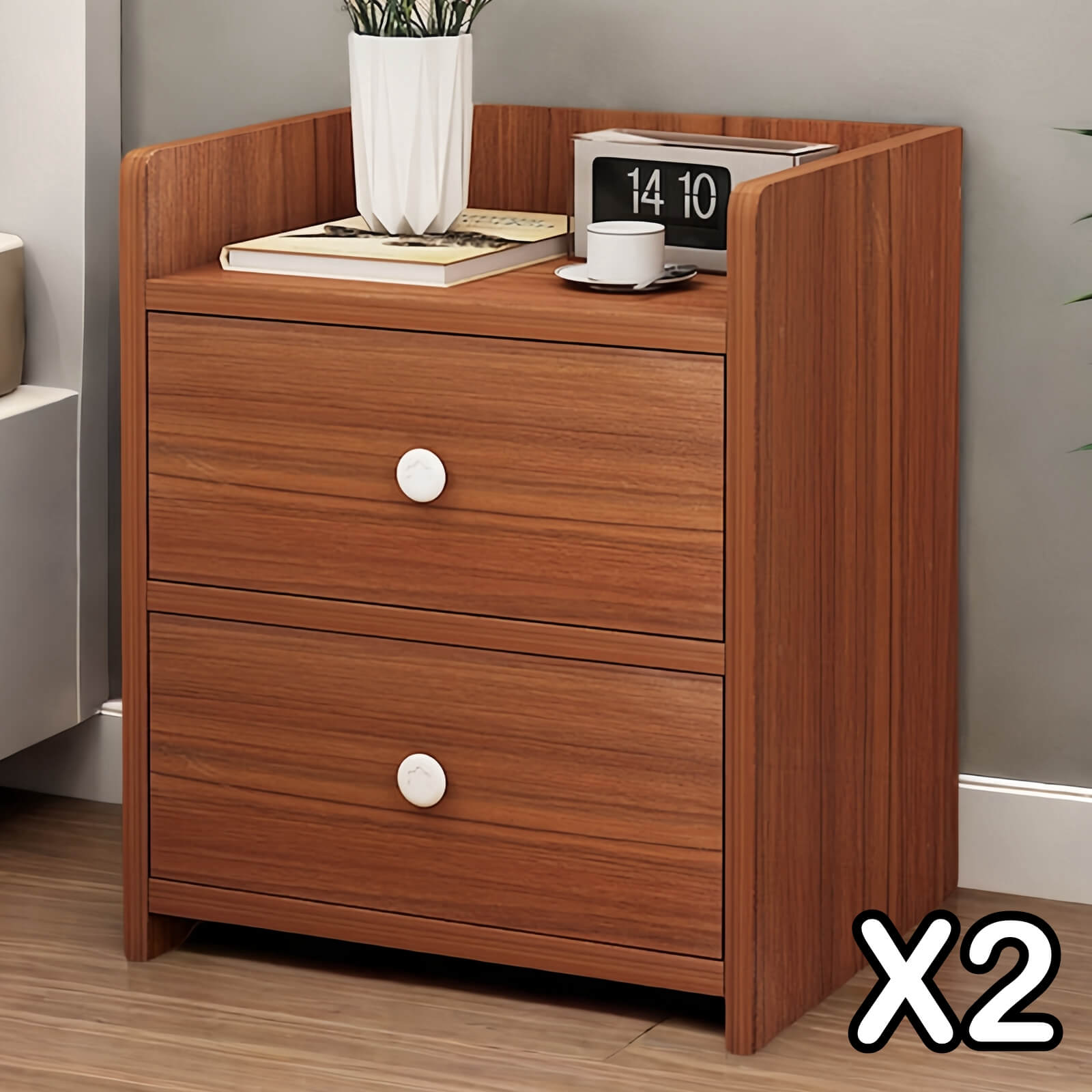 V360-ZC-FNBT0069-BN-2D-47X2-202506191412-00 2x Bedside table walnut wood grain tray drawers vintage style furniture - Image 1