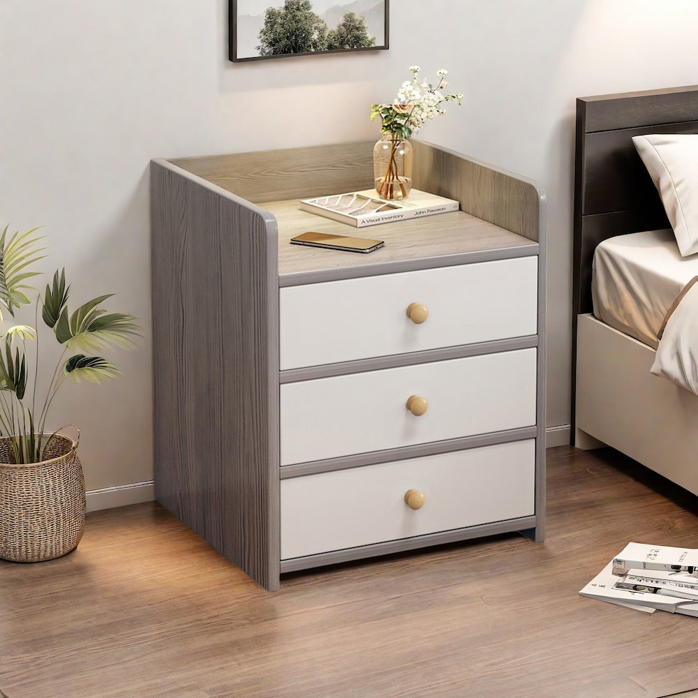 Modern Nightstand Light Gray Wood Grain Three Drawers Safety Tray Top Wooden Knobs