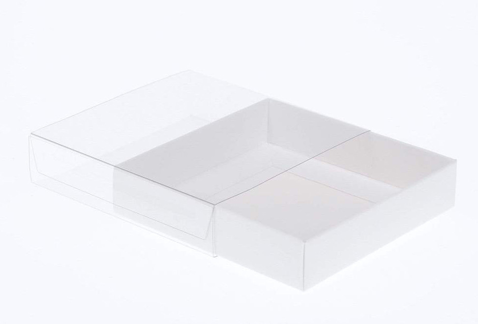 V382-10INVBOXWH10X10X2-67377-00 10 Pack of 10cm Square Invitation Coaster Favor Function product Presentation Cookie Biscuit Patisserie Gift Box - 2cm deep - White Card with Clear Slide On PVC Lid - Image 1