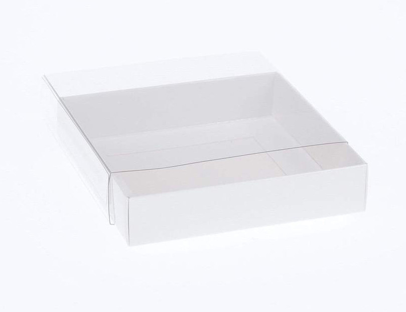 V382-10INVBOXWH15X15X4-67375-00 10 Pack of 15cm Square Invitation Coaster Favor Function product Presentation Cookie Biscuit Patisserie Gift Box - 4cm deep - White Card with Clear Slide On PVC Lid - Image 1