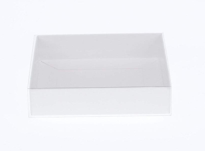 V382-50WHITEHAMP17X25X5-144396-00 50 Pack of White Card Box - Clear Slide On Lid - 17 x 25 x 5cm - Large Beauty Product Gift Giving Hamper Tray Merch Fashion Cake Sweets Xmas - Image 1