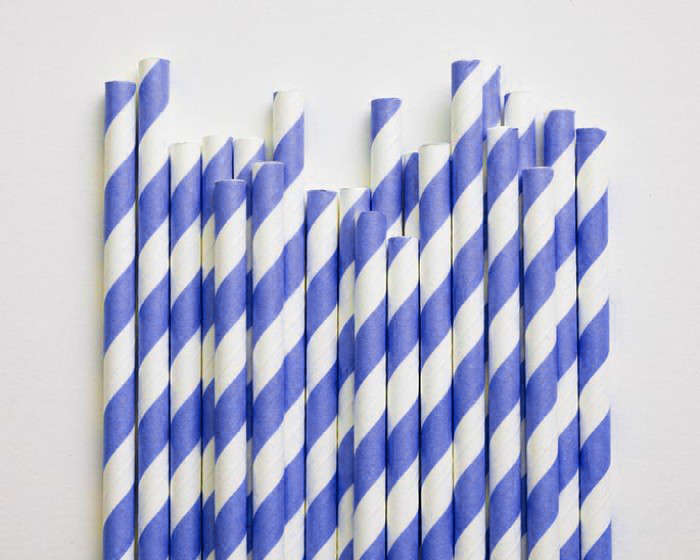 V382-BLUESTRAW200-144491-00 200 Pack Blue White Drinking Straws Biodegradable Eco Paper Birthday Party Event Bistro Bar Cafe Take Away - Image 1
