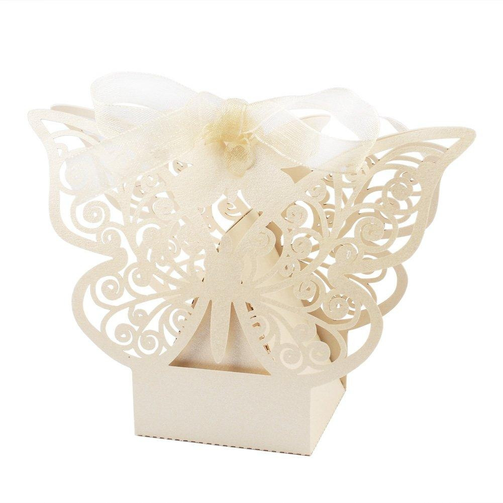 V382-IVORYBTTRFYBOX50-144405-00 50 Piece Pack - Ivory Cream Butterfly Wedding Engagement Party Bomboniere Favour Lolly Gift Almond Card Box - Image 1