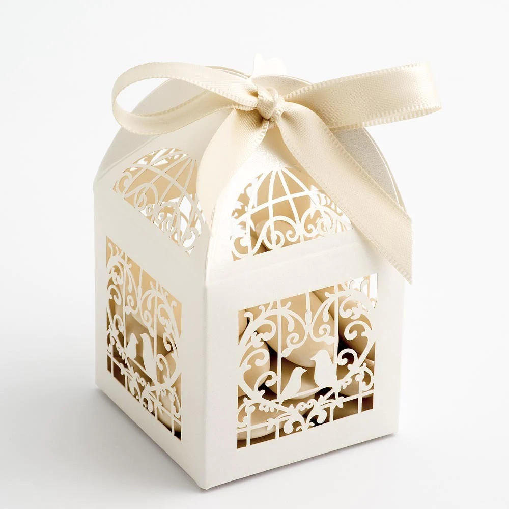 V382-IVORYDOVEBOX50-144406-00 50 Piece Pack - Ivory Dove Bird Heart Wedding Engagement Bomboniere Favor Lolly Gift Card Box - Image 1