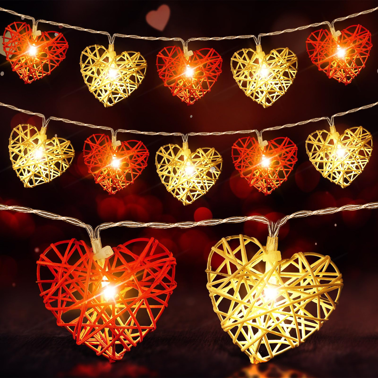 V382-REDWHHRTRATTBATT50-202504291106-00 50 Red and White 3D Hollowed Rattan Heart-Shaped 5M LONG String Fairy Lights, Battery (AA) Indoor & Outdoor Decorations Wedding Valentines Romantic Room Table Lighting - Image 1