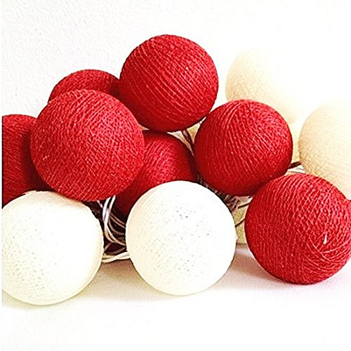 V382-REDWHITEBALLBATT20-68320-00 1 Set of 20 LED Red White 5cm Cotton Ball Battery String Lights Christmas Gift Home Wedding Party Bedroom Decoration Outdoor Indoor Table Centrepiece - Image 1