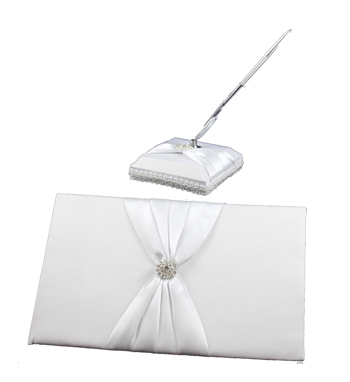 V382-WHSACHGBPEN-71340-00 White Wedding Guest Book Register with Silver Pen Matching Stand Set 36 Lined Pages - White Sach Diamante Cover - Image 1