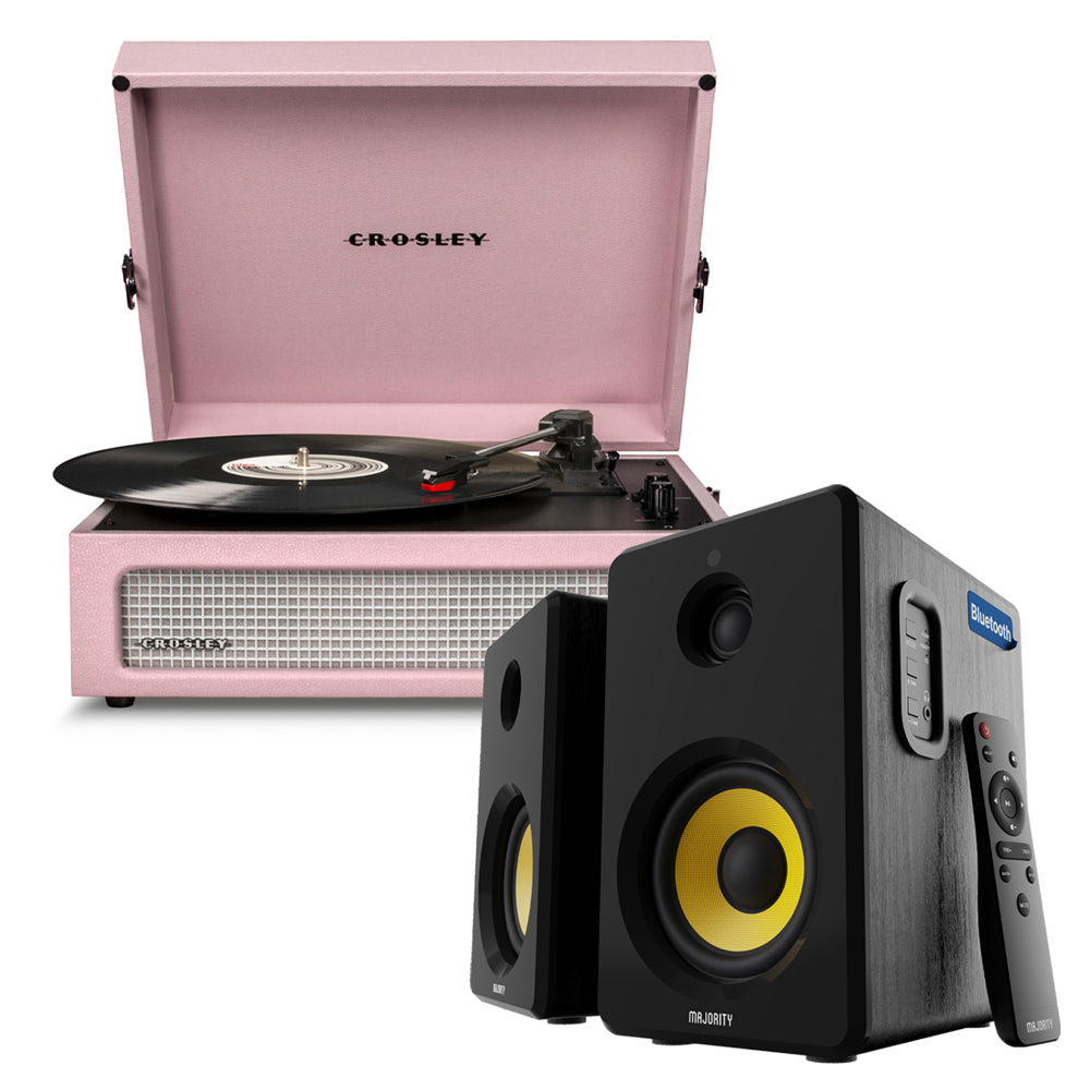 V398-CR8017BMY-AM4-202505051325-00 Crosley Voyager Bluetooth Portable Turntable - Amethyst + Bundled Majority D40X Bluetooth Speakers - Black - Image 1