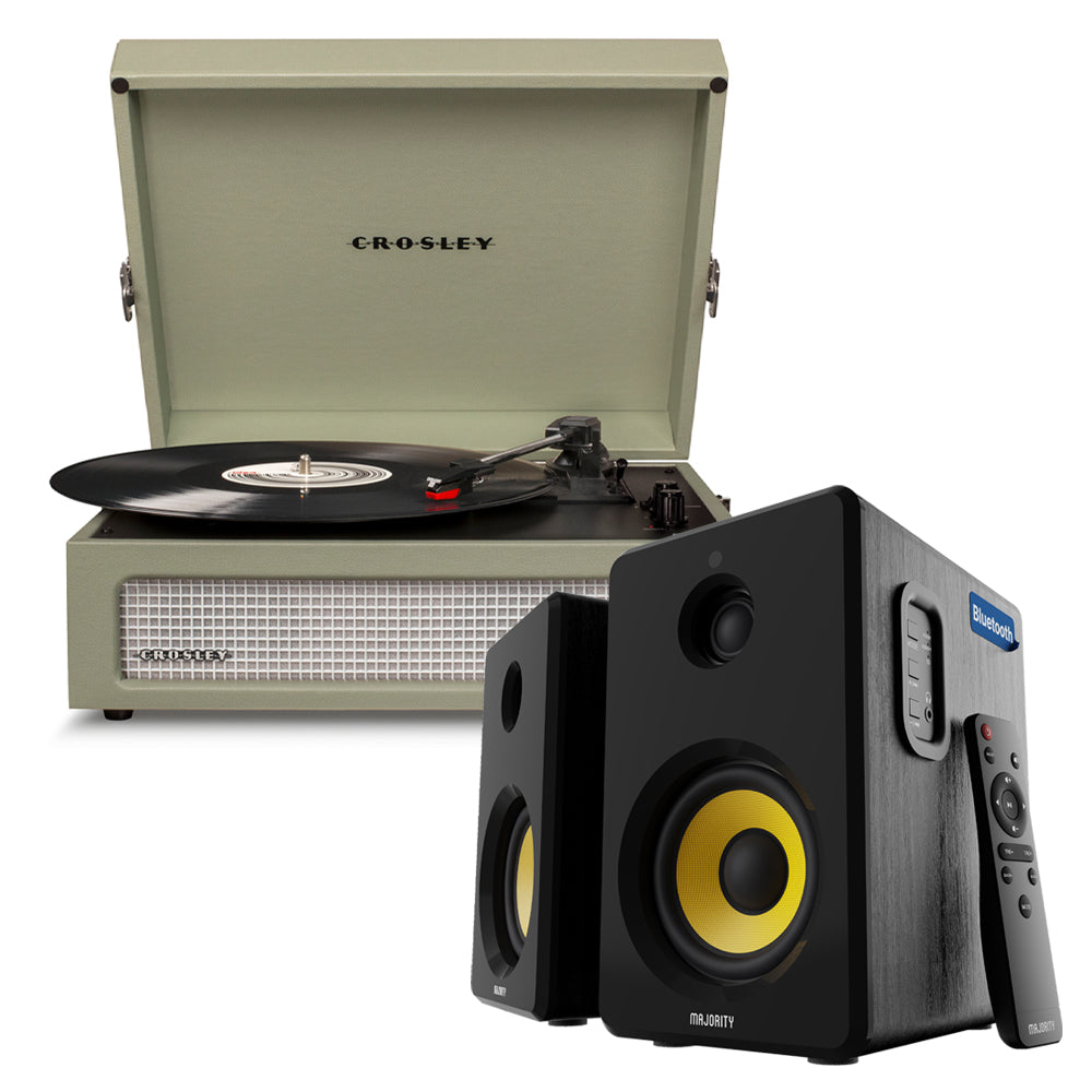 V398-CR8017BMY-SA4-202505051325-00 Crosley Voyager Bluetooth Portable Turntable - Sage + Bundled Majority D40X Bluetooth Speakers - Black - Image 1