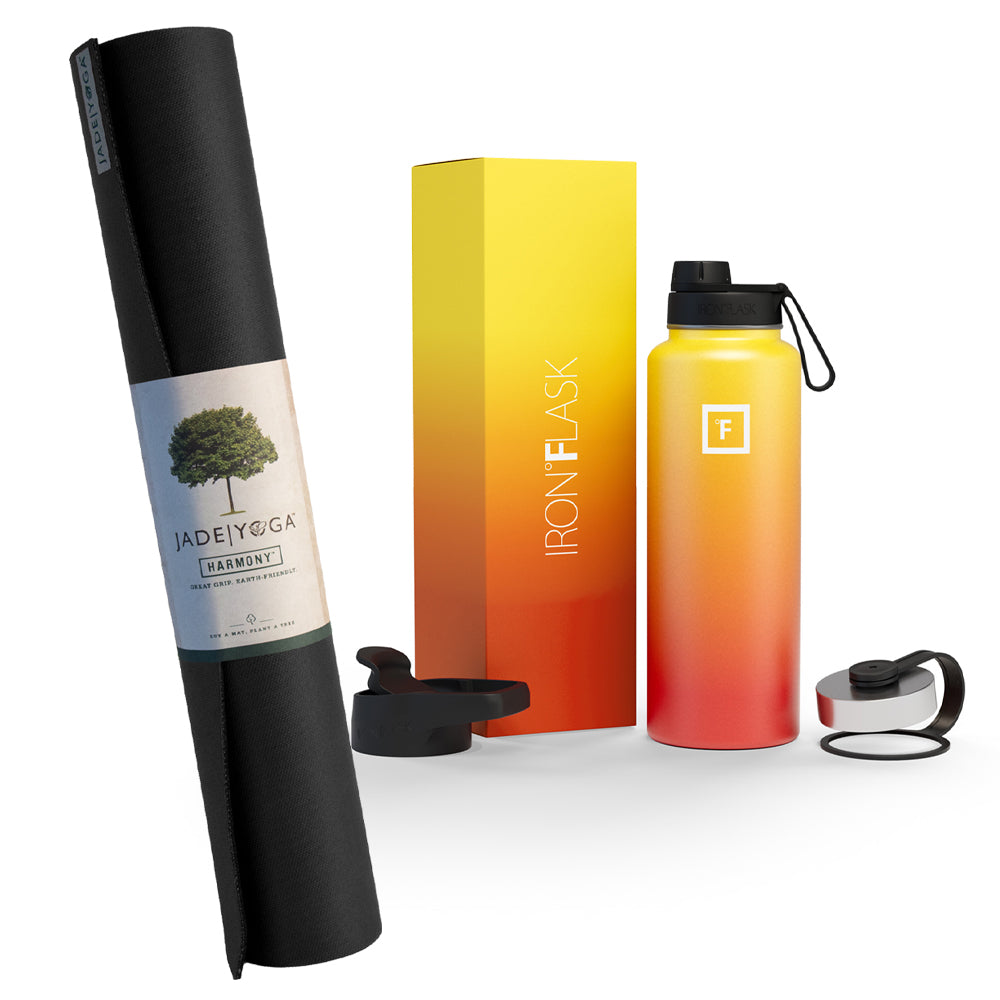 V398-JY-368BK-IFB-95529-00 Jade Yoga Harmony Mat- Black & Iron Flask Wide Mouth Bottle with Spout Lid, Fire, 32oz/950ml Bundle - Image 1