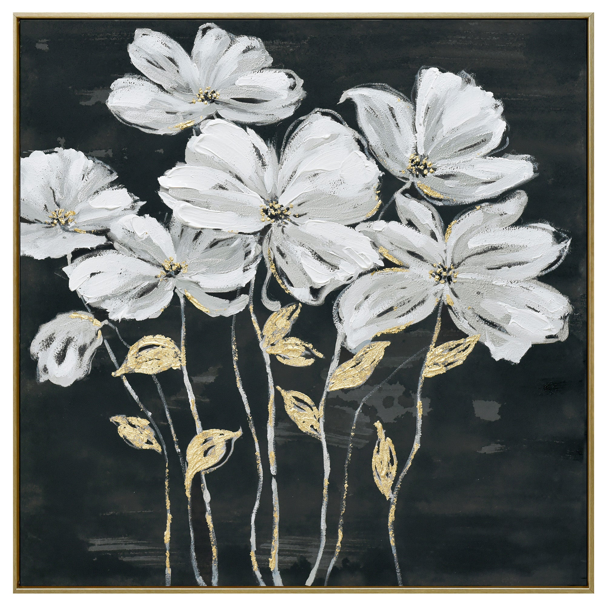 V411-SOK-HMTWF-14473W-90155-00 80X80cm Golden Blossoms Gold Framed Hand Painted Canvas Wall Art - Image 1