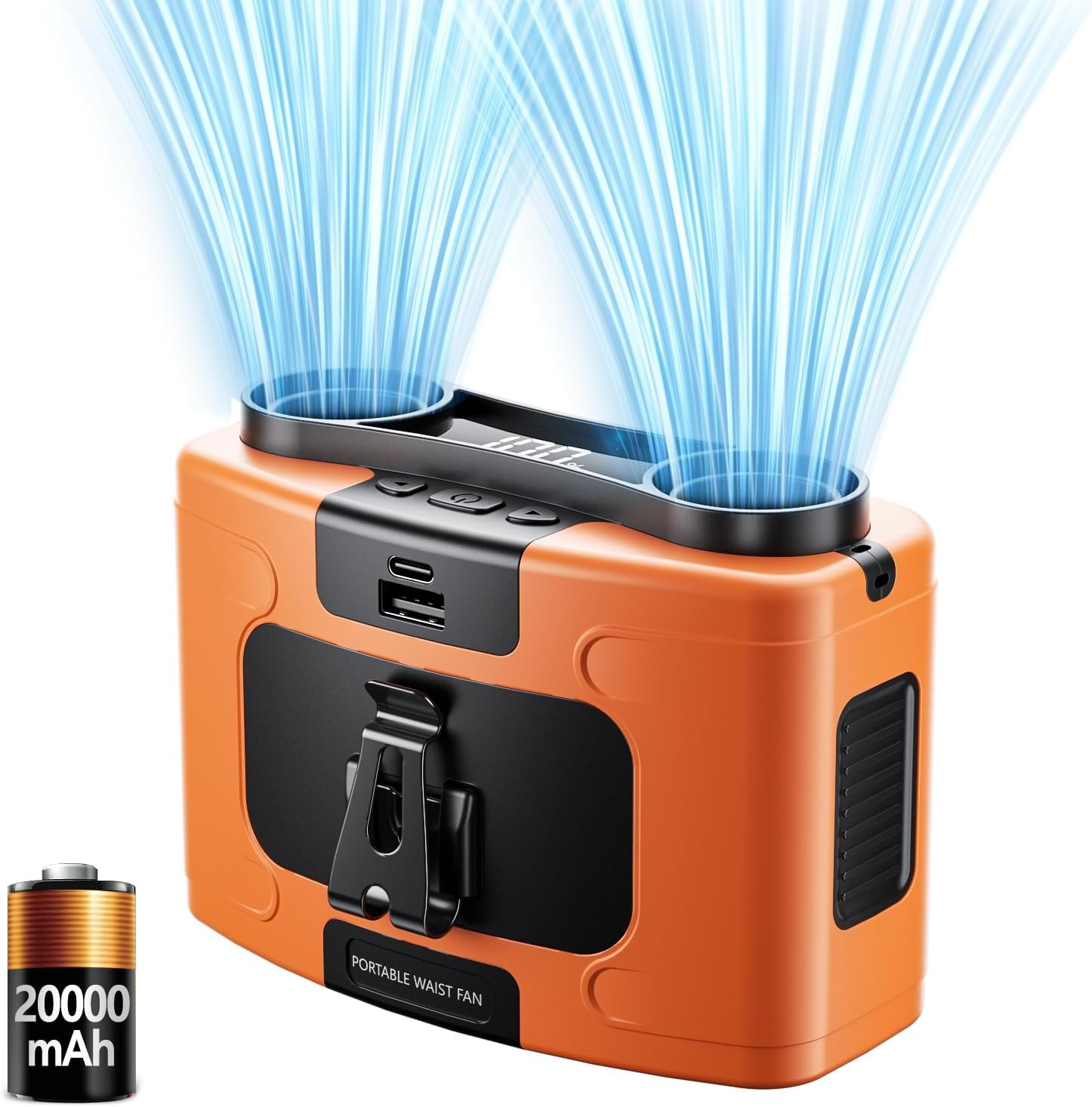 V413-20K-FAN-ORANGE-225261-00 20000mAh Outdoor Portable Waist Fan Hanging Neck Fan Strong Wind with Power Bank LED Lighting for Sports Courier Outdoor Working (Orange) - Image 1