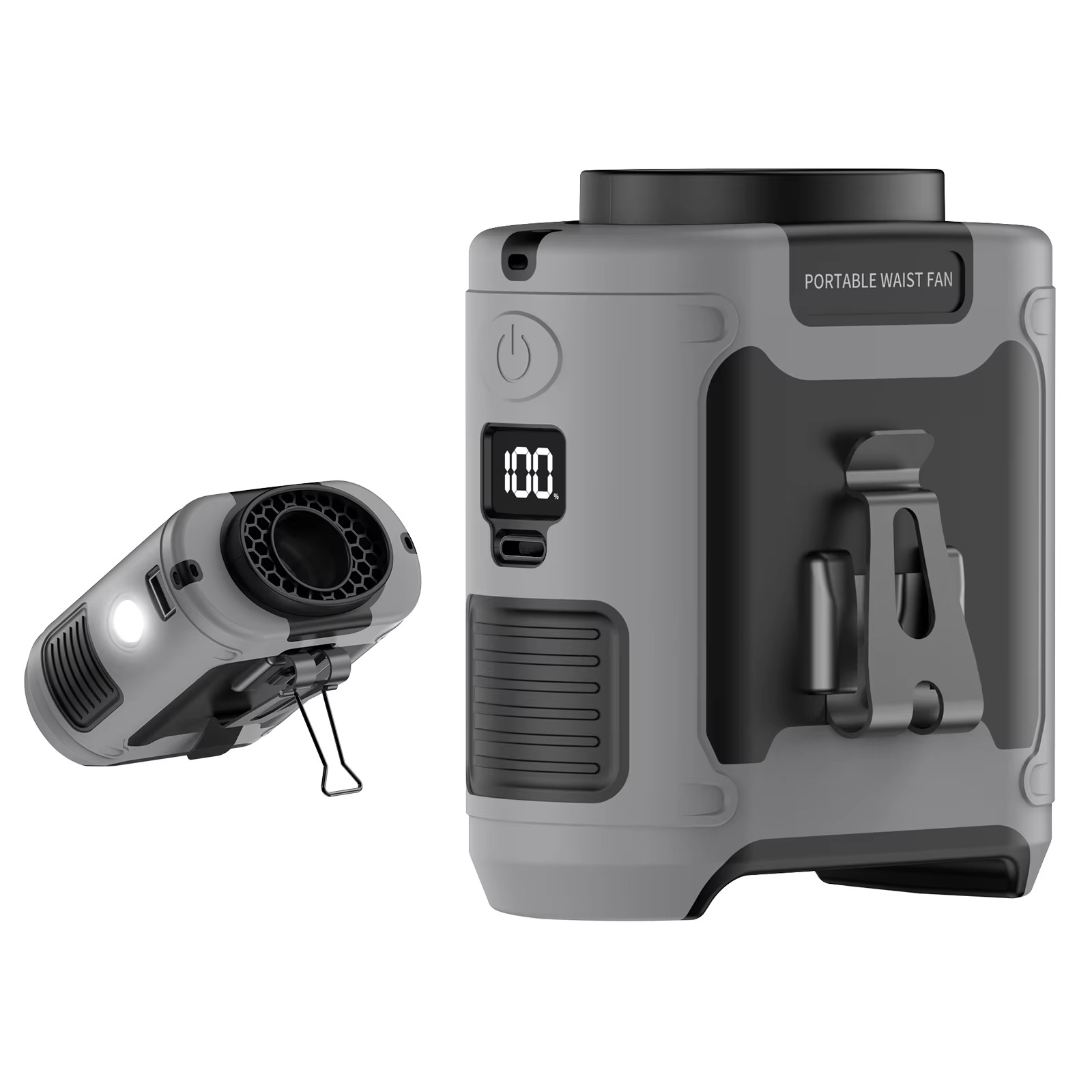 V413-PORTABLE-FAN-10000A-GRAY-209291-00 10000mAh Portable Outdoor Waist Fan Hanging Neck Strong Wind with Power Bank LED Lighting for Emergency Sports Outdoor Working - Image 1