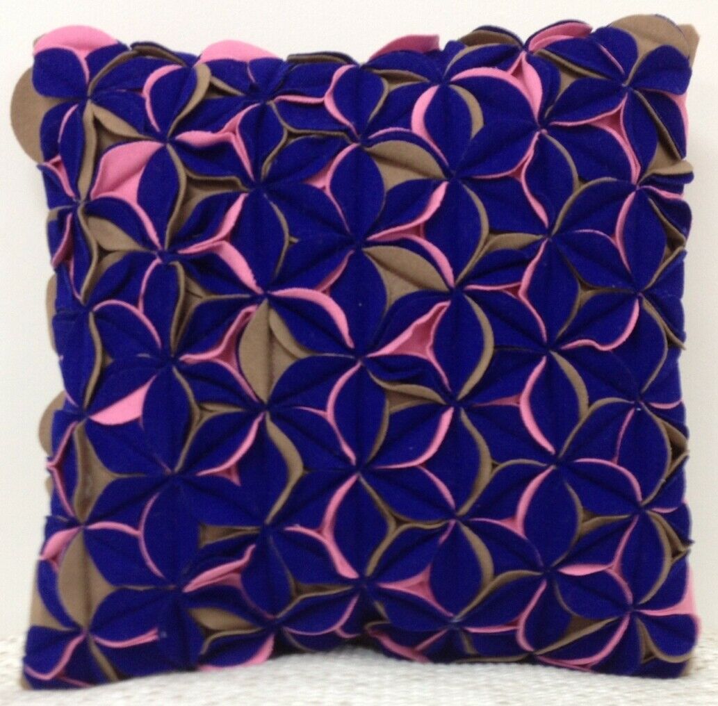 V416-444159-E10-77314-00 Amelie Royal Blue & Pink Felt Petals Cushion Cover - Image 1
