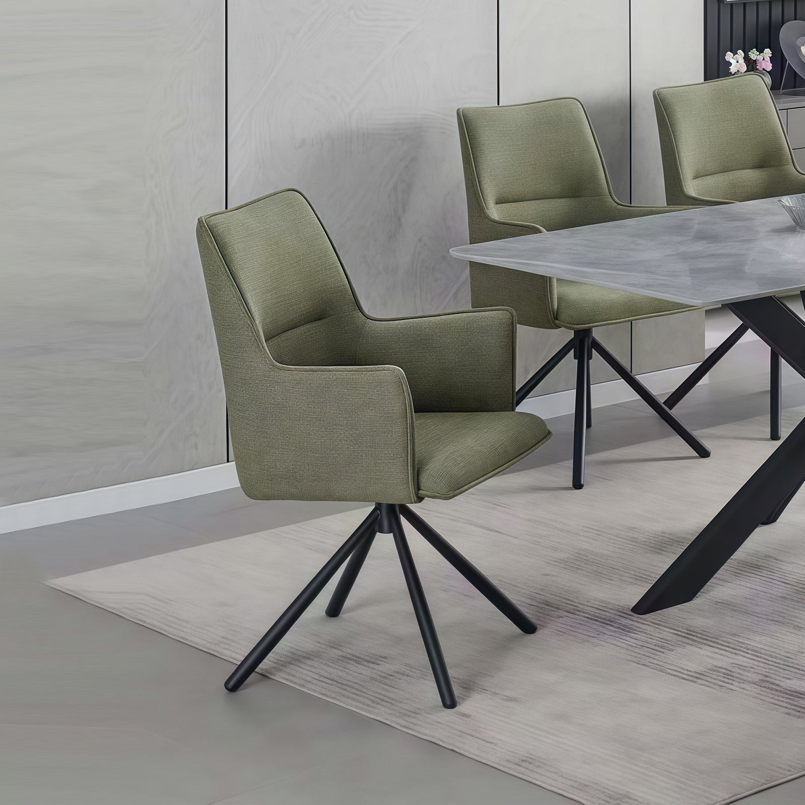 V43-AC-JCOB-202505051030-00 Dining Chair Green Linen Fabric Upholstered Seat Powder Coated Iron Legs - Image 1