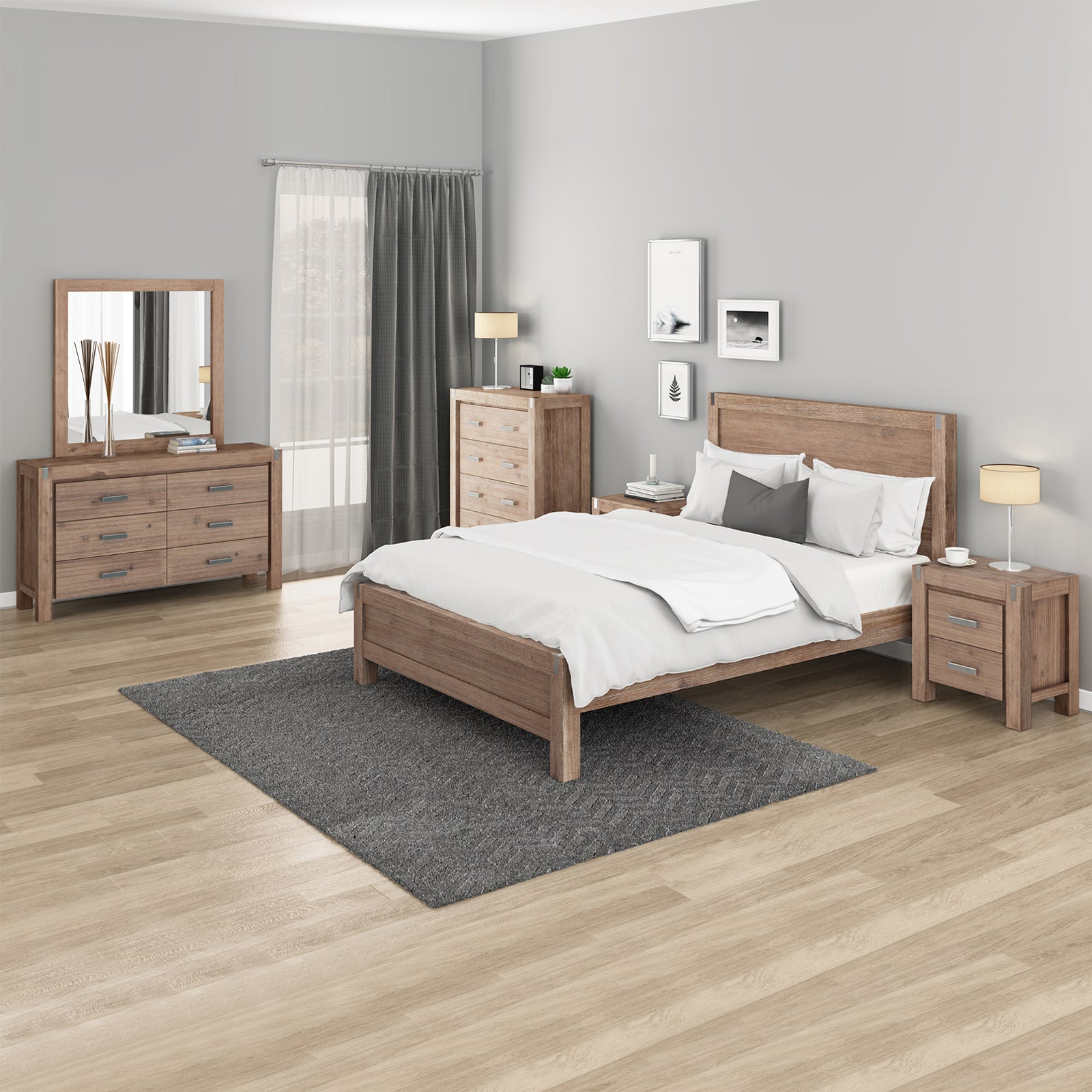 V43-BDS-NOW-5PC-TBY-DRS-DOK-202505131835-00 5 Pieces Bedroom Suite in Solid Wood Veneered Acacia Construction Timber Slat Double Size Oak Colour Bed, Bedside Table, Tallboy & Dresser - Image 1