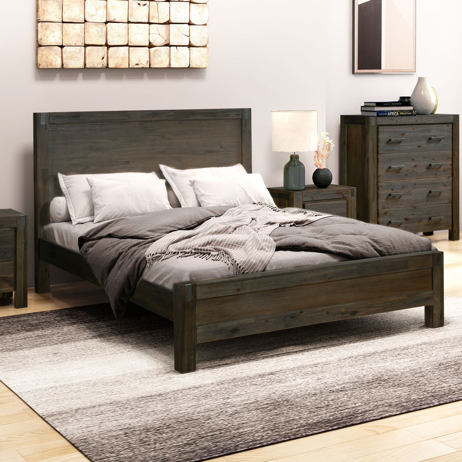 V43-BED-NOWDCH-23204-00 Bed Frame Double Size in Solid Wood Veneered Acacia Bedroom Timber Slat in Chocolate - Image 1