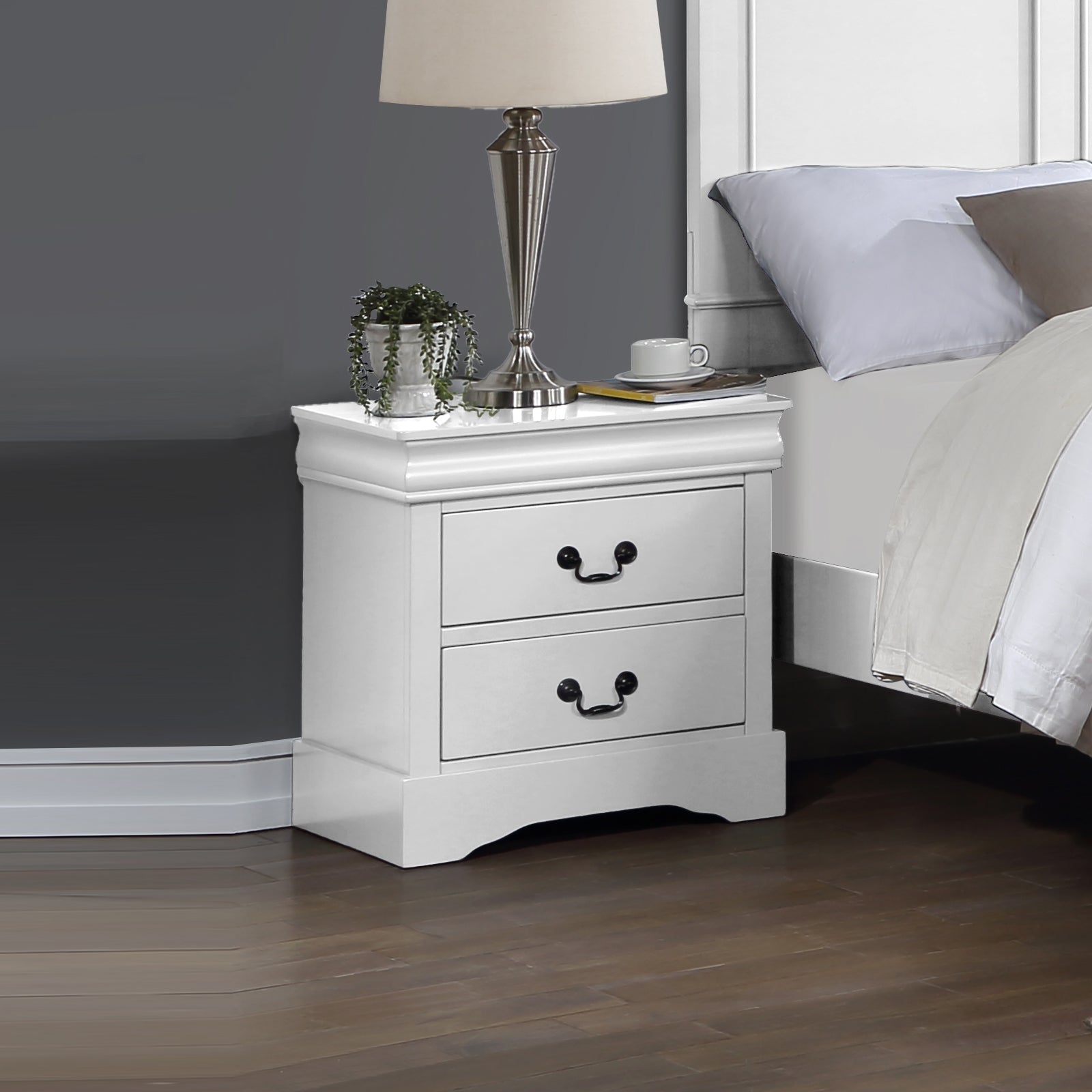 V43-BST-SPNC-WH-202502241005-01 Bedside Table White Colour With 2 Drawers Night Stand Solid Wood Metal Handles - Image 1