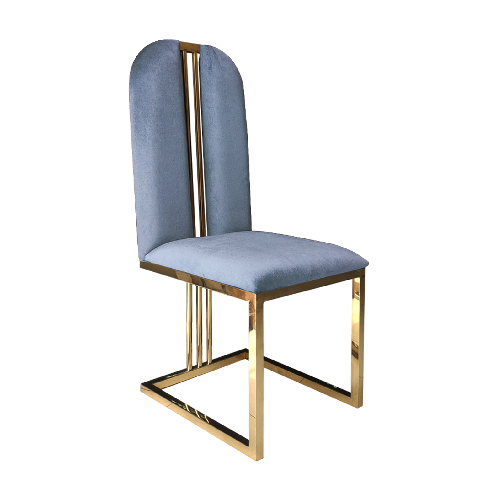 V43-DC-FNC-01-00 2X Dining Chair Stainless Gold Frame & Seat Blue Fabric - Image 1