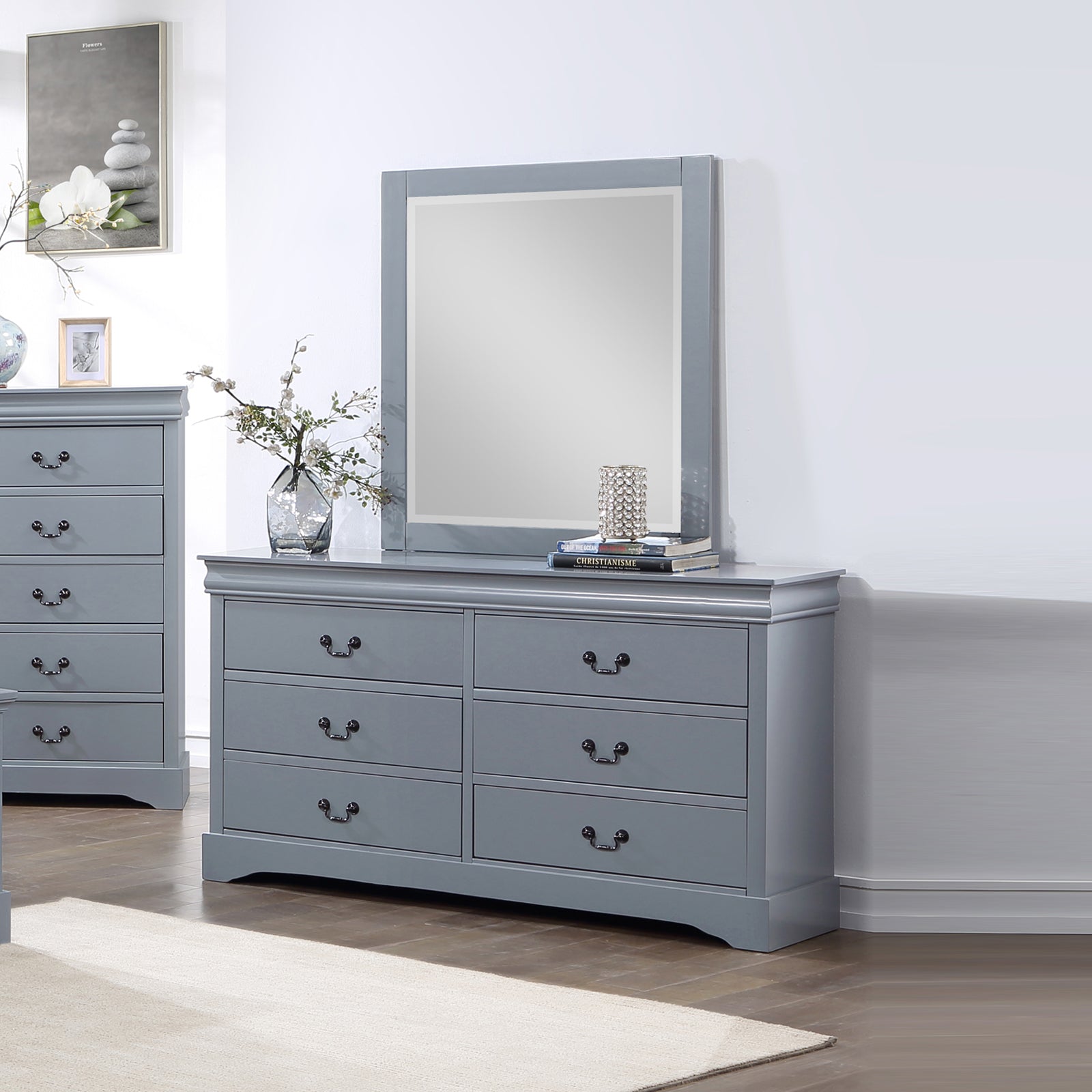 V43-DRS-SPNC-202505131815-00 Dressing Chest with 6 Storage Drawers in Solid Wooden Mirror Metal Handles Grey Colour - Image 1
