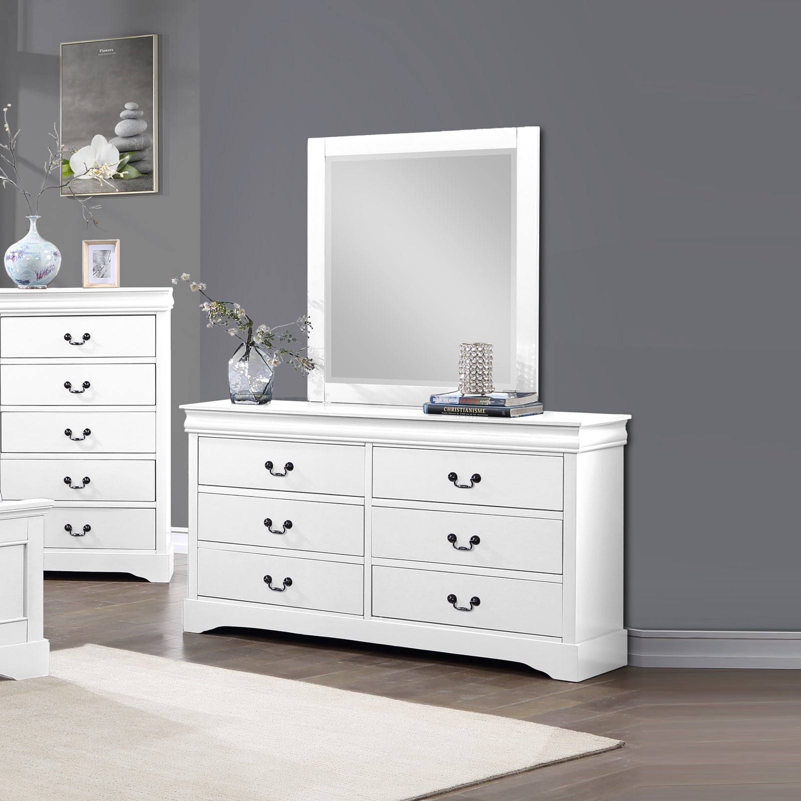 V43-DRS-SPNC-WH-202502241005-00 Dressing Chest with 6 Storage Drawers in Solid Wooden Mirror Metal Handles White Colour - Image 1