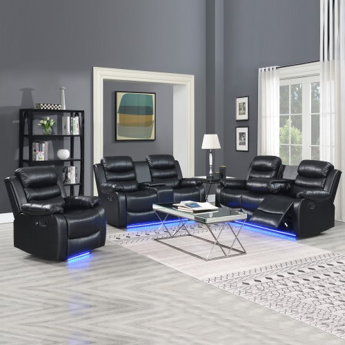 V43-SET-CHLS-3-2-1-BL-144721-00 3-2-1 Seater Seater Finest Black Leatherette Recliner Feature Console LED Light Ultra Cushioned - Image 1