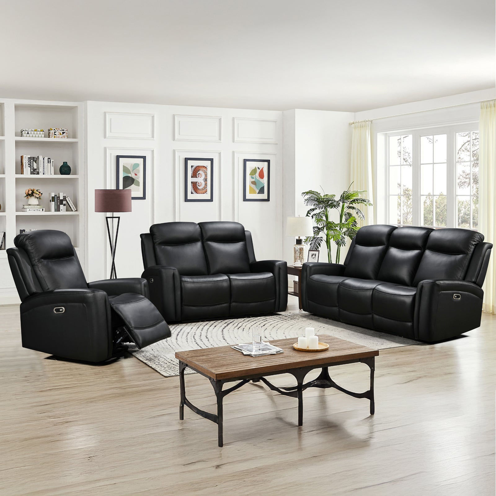V43-SET-FNX-3R-2R-1RBL-202505051035-00 3-2-1 Seater Electric Leather/PVC Black Recliner Set - Image 1