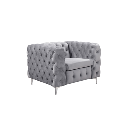V43-SOF-JAQS1SGR-03_4 Single Seater Grey Sofa Classic Armchair Button Tufted in Velvet Fabric with Metal Legs - Image 1